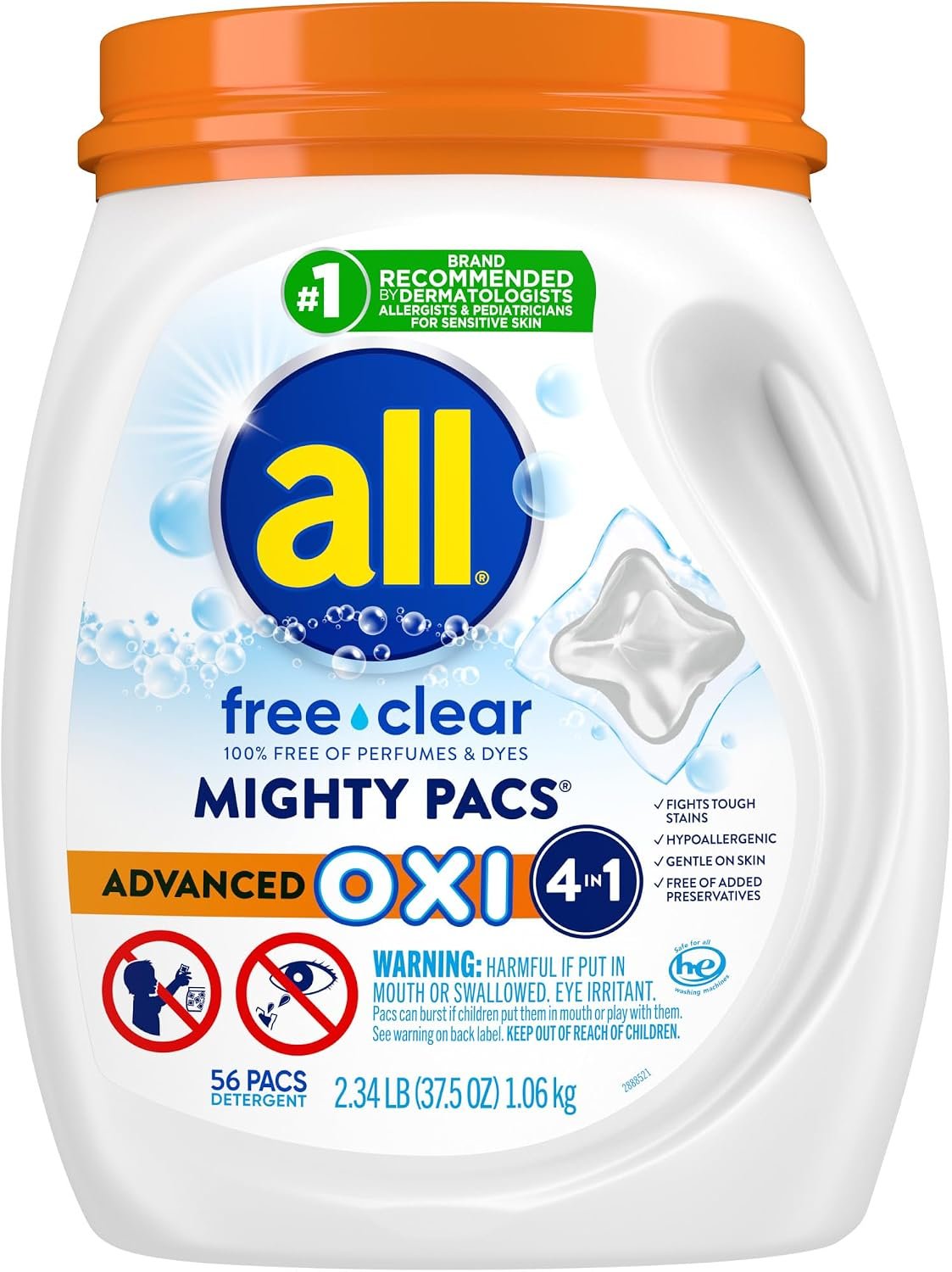 all Laundry Detergent Pacs Advanced OXI for Sensitive Skin, 56 Count
