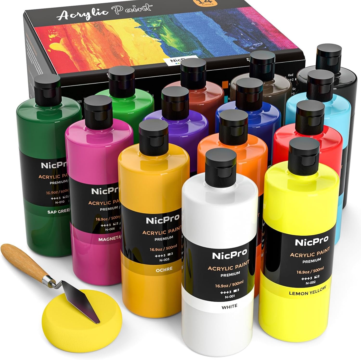 Nicpro 14 Colors Large Bulk Acrylic Paint Set for Artist (16.9 oz, 500 ml)