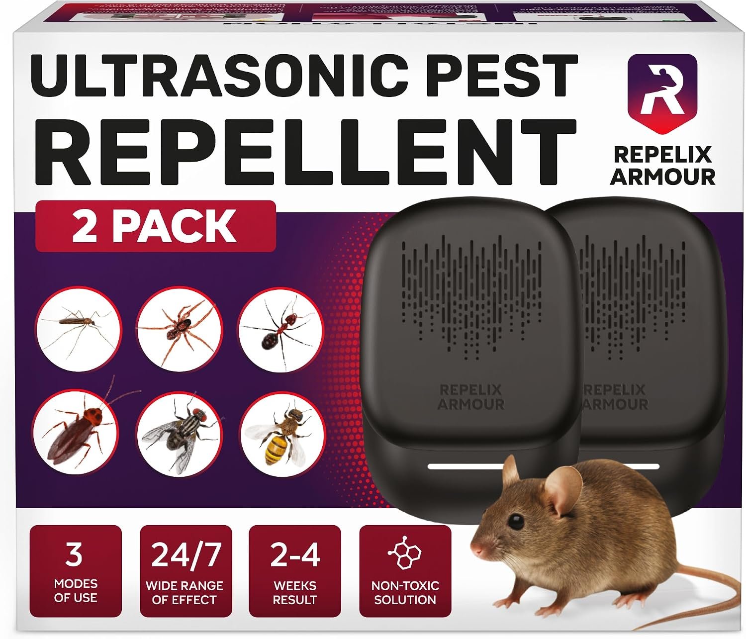 Ultrasonic Pest Repeller for Indoor Use – 2 Pack – Covers Up to 1,500 sq ft per Device – 3 Modes Mouse Repellent – Rodent Repellent – Helps Repel Rats, Spiders, Mosquitoes, Ants & Household Insects