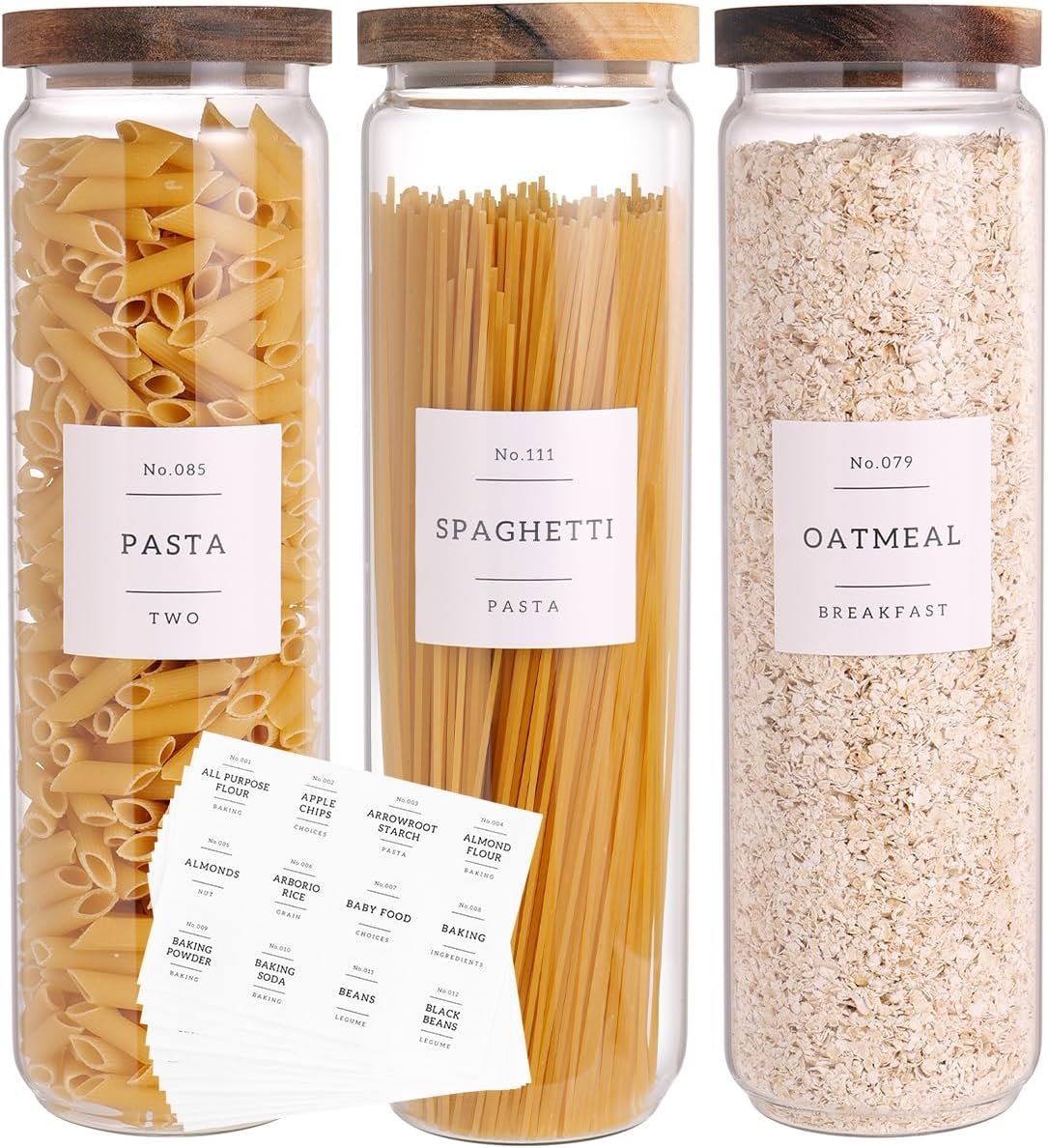 CZZGSM 3 Set Glass Pantry Storage Jars with Acacia Airtight Lid – 50oz Thicken Glass Kitchen Canisters with 132 Pantry Labels – Tall Food Storage Containers with Wood Lid for Pasta,Spaghetti,Cereal
