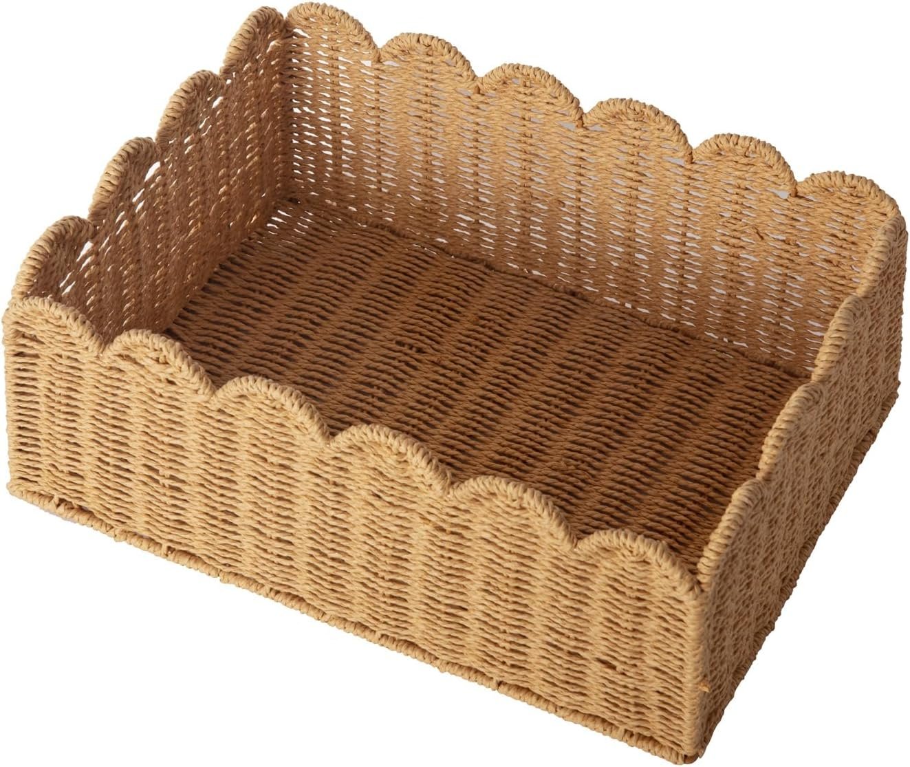 Scalloped Basket, Wicker Storage Baskets, Hand Woven Baskets for Shelves,Natural Baskets for Organizing (M-14″ L x 10.5″ W x 6″ H)