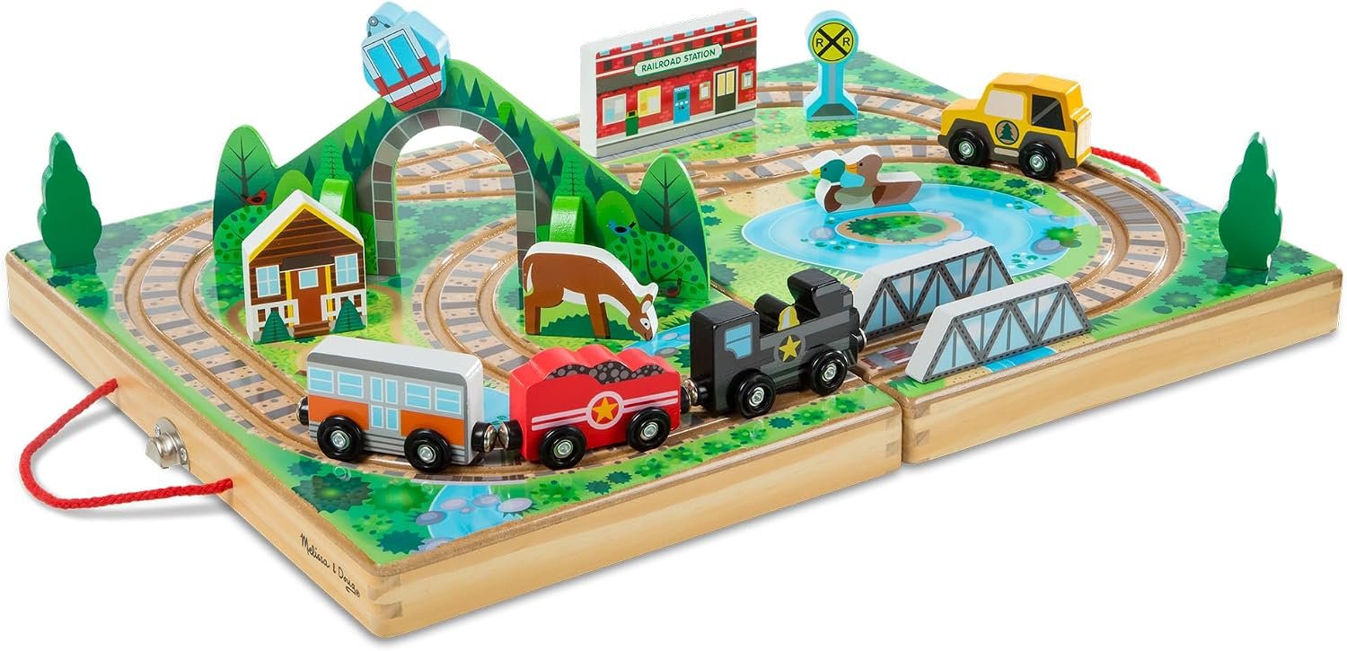 Melissa & Doug Take-Along Railroad Tabletop Playset with Wooden Train Toys, Animals & Scenery Play Pieces, Preschool Learning Toys for Girls & Boys 3+ – FSC Certified