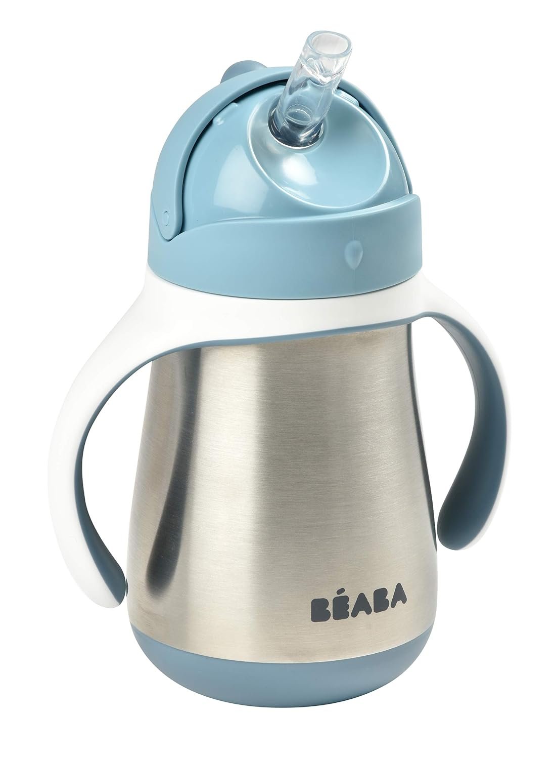 Beaba Stainless Steel Straw Sippy Cup, Insulated Toddler Cups Spill Proof with Removable Handles, Made with High Grade Stainless Steel, 8+ months, 8.5 oz (Rain)