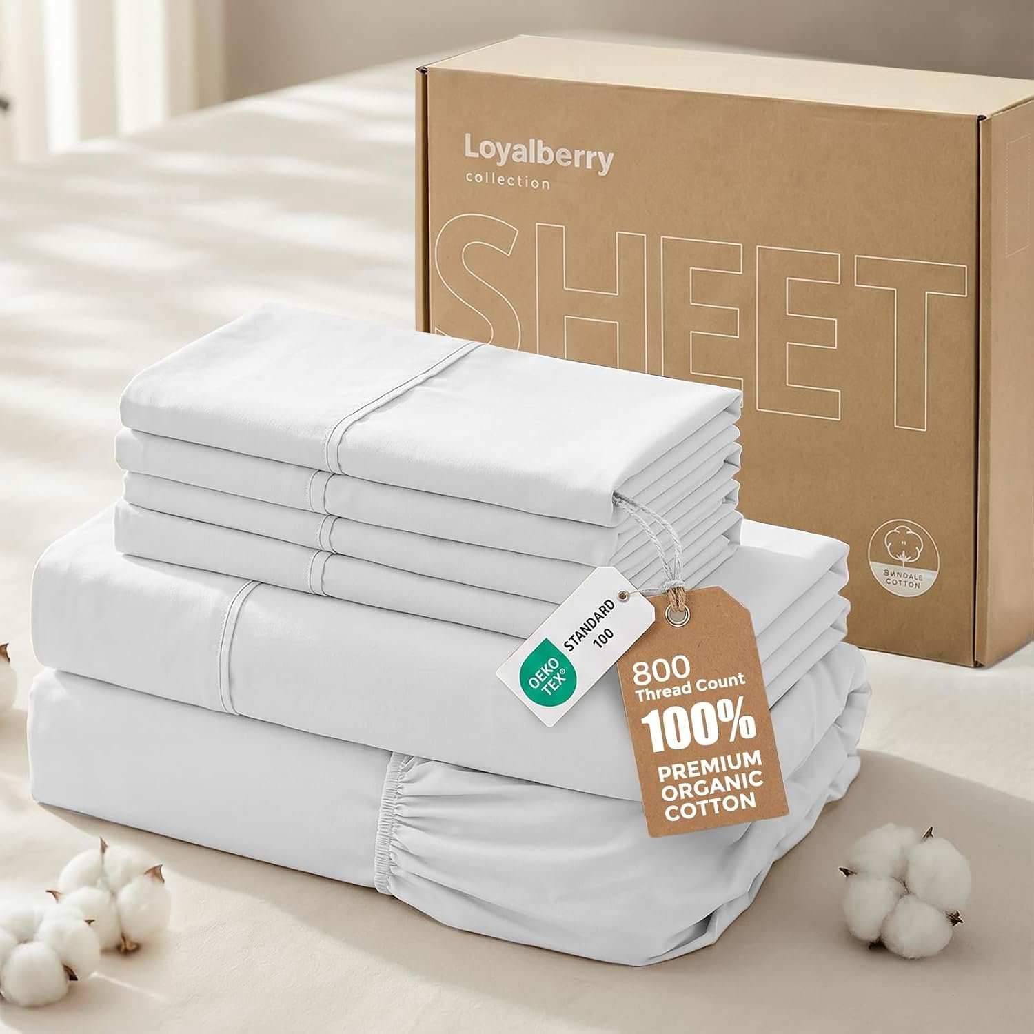 Loyalberry 100% Organic Queen Cotton Sheets,Deep Pocket Set, Breathable & Cooling Soft Bedding, Hotel Luxury Bed Sheets, Easy Care, Hypoallergenic, White