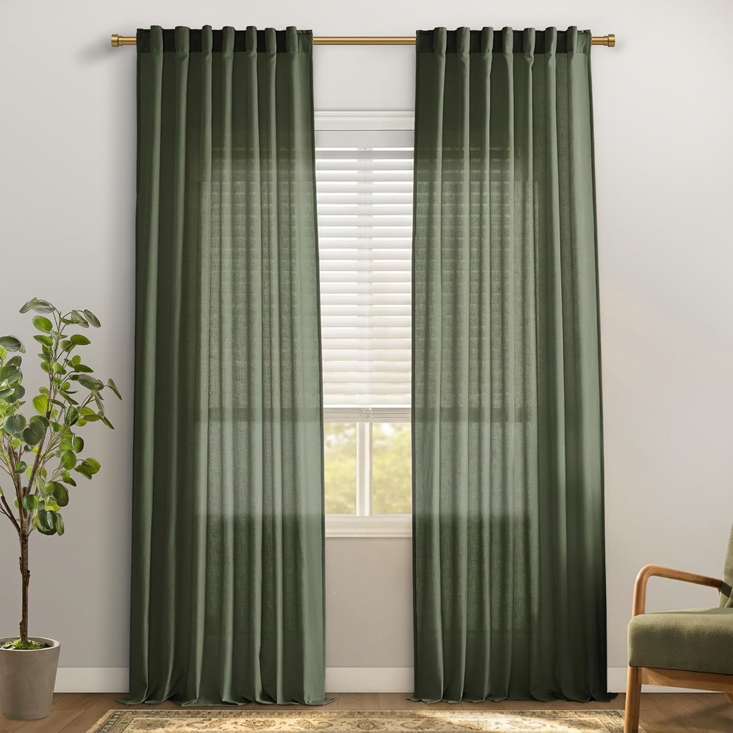 Olive Green Linen Cotton Blend Curtains, Earth Tone Light Filtering Lightweight Panels for Modern Natural Organic Living Space, 84 Inch Length