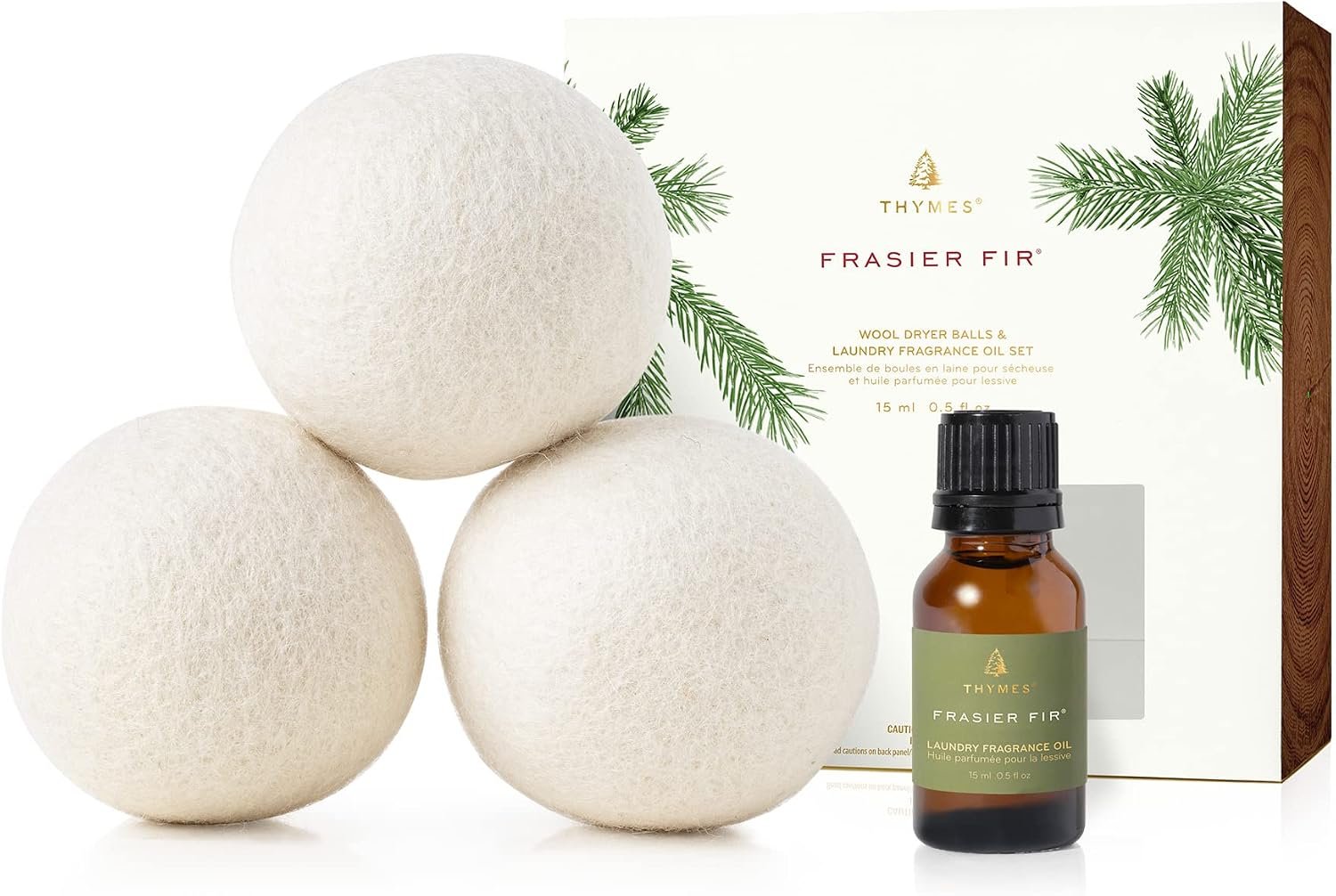 Thymes Wool Dryer Balls Set – Includes 3 Wool Laundry Balls + 1 Scented Laundry Fragrance Oil for Dryer – Eliminate Wrinkles, Static & Lint (Frasier Fir, 0.5 fl oz)