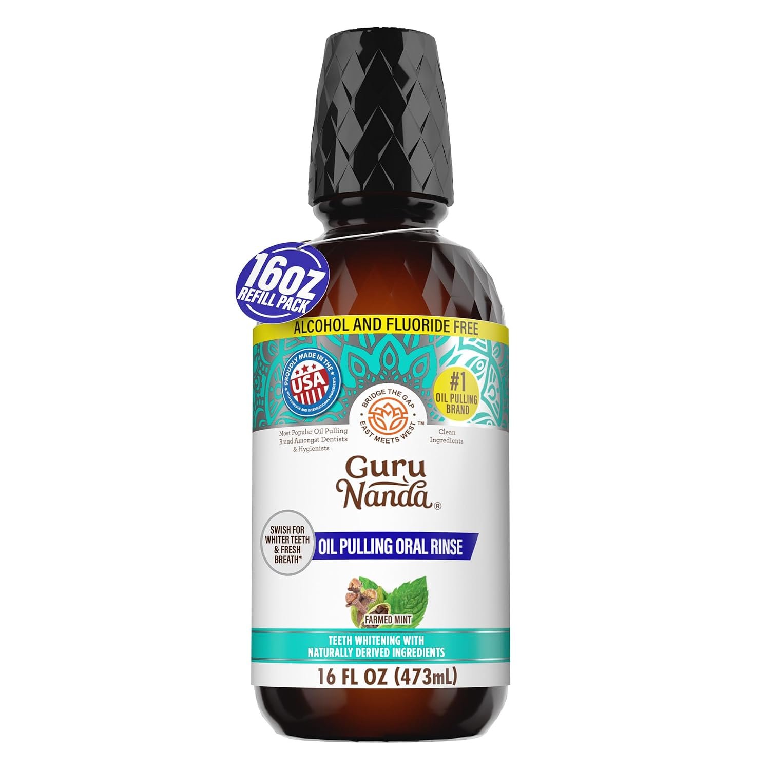 GuruNanda Coconut Oil Pulling Mouthwash with Vitamins, Farmed Mint, 16 oz