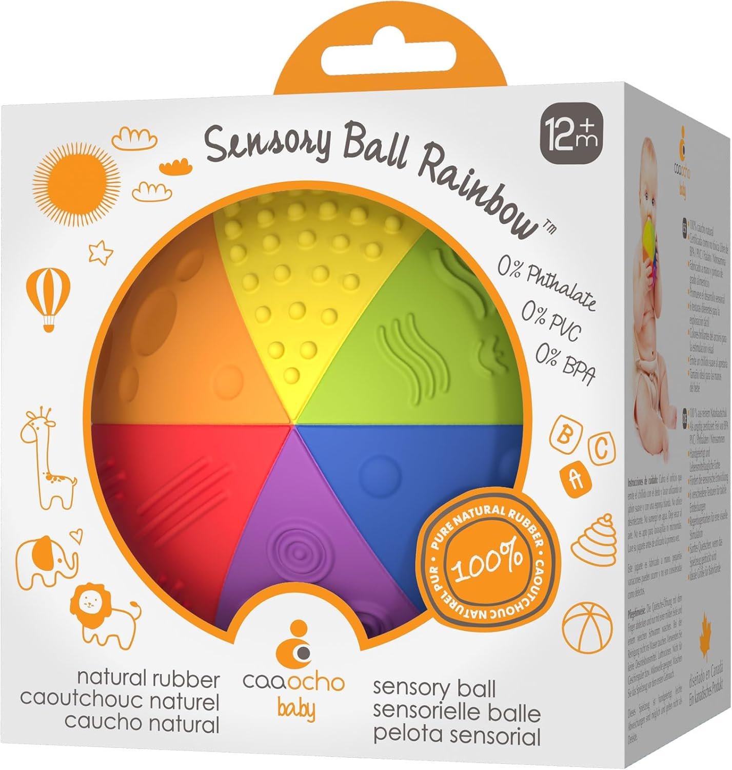 caaocho Pure Natural Rubber Sensory Ball Rainbow 4″ – All Natural Sensory Toy, Promotes Sensory Development, Rainbow Colors, Perfect Bouncer, Gentle Squeaking, BPA Free, PVC Free, Food-Grade Paint