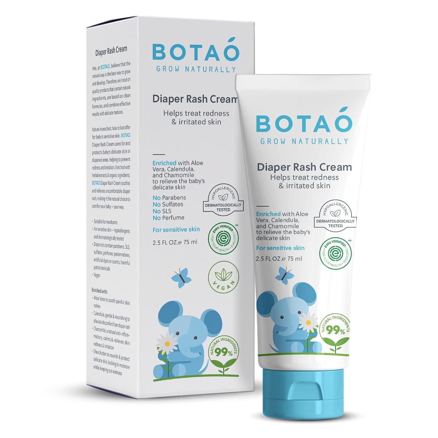 BOTAO Baby’s Natural Diaper Cream | Organic Diaper Cream EWG Verified | Naturally Soothes Baby Rashes | Baby zinc Ointment Natural | For Sensitive Skin with Aloe Vera & Calendula, 2.5Oz