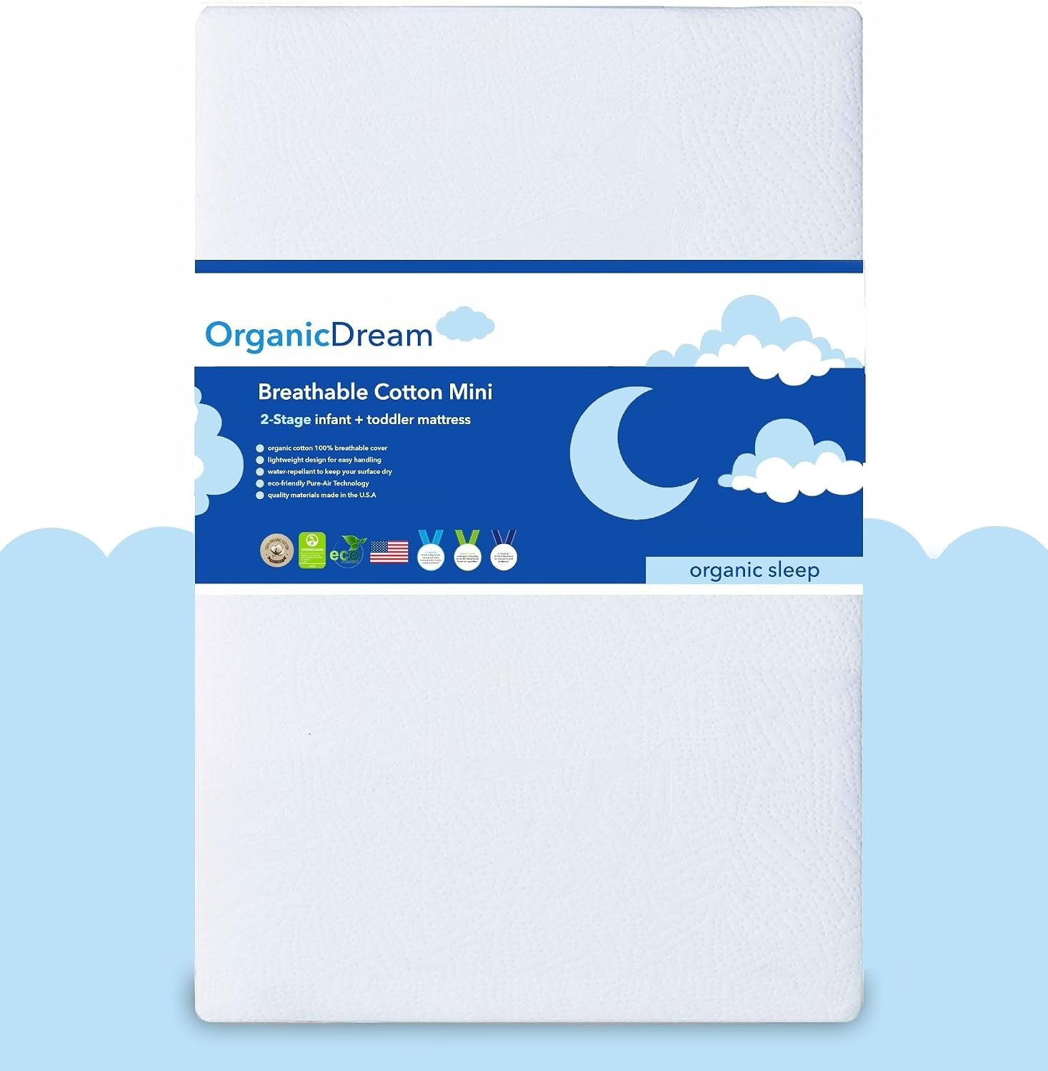 ORGANICDREAM 5″ Mini Crib Mattress – 100% Breathable Proven to Reduce Suffocation Risk – GREENGUARD I 2-Stage I Washable I Extra Firm Infant Side and Plush Toddler (38x24x5) – Deluxe 5″ Thick