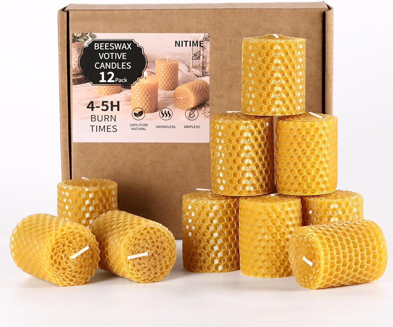 NITIME 12 Pack Beeswax Votive Candles, 100% Natural Hand-Rolled Beeswax Candles, 1.7″ x 2″ Small Pillar Candles for Home, Yoga, Meditation, Long-Lasting 4-5 Hour Burn Time, Eco-Friendly & Smokeless