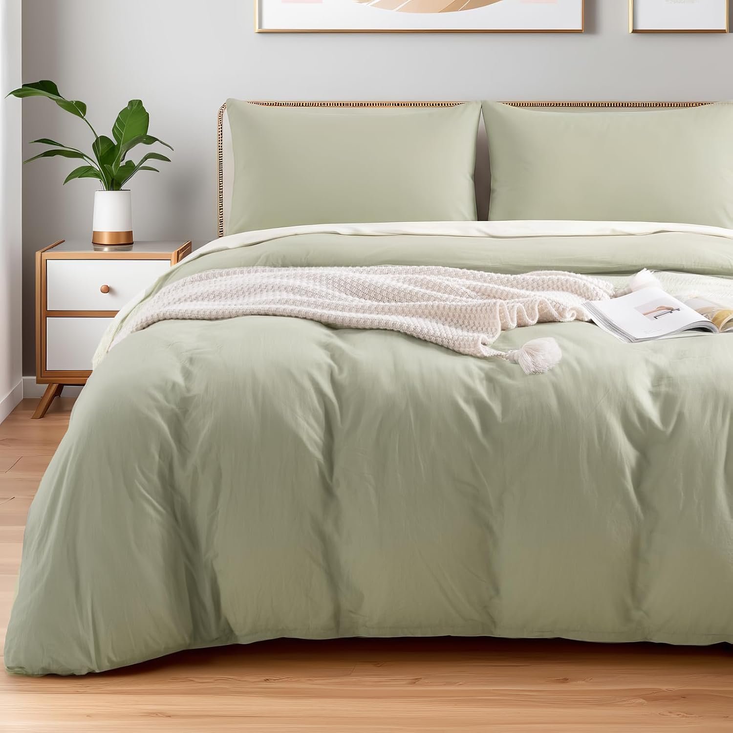 NEXHOME PRO Queen Duvet Cover Set – 100% Certified Organic Cotton with Washed Feel & Linen-Like Texture, Comfortable & Breathable, Home Bedding Set Sage Green (No Comforter)
