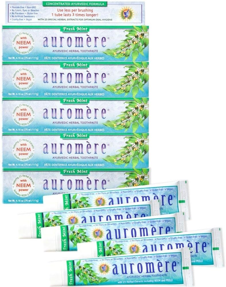 Auromere Ayurvedic Herbal Neem & Clove Toothpaste – Fresh Mint, 5 Pack