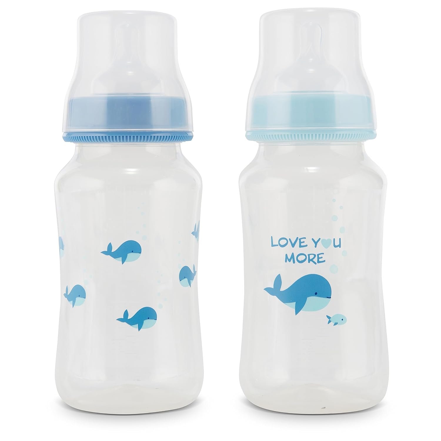 Premium 2-Pack Baby Bottles – 11 Ounce, Hourglass Shape, Fun Boys and Girls Prints, Clear Cover – BPA-Free