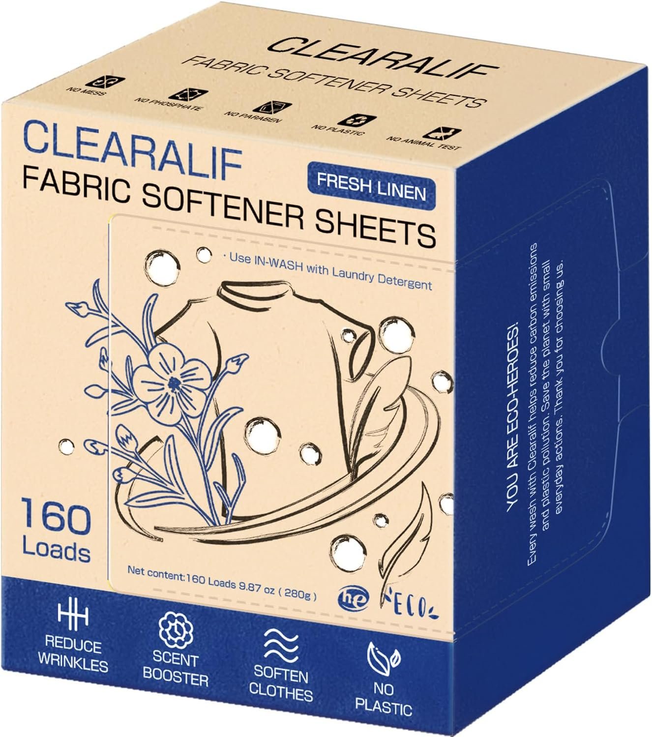 CLEARALIF Liquidless Fabric Softener Sheets, Fresh Linen Scent, 160 Loads