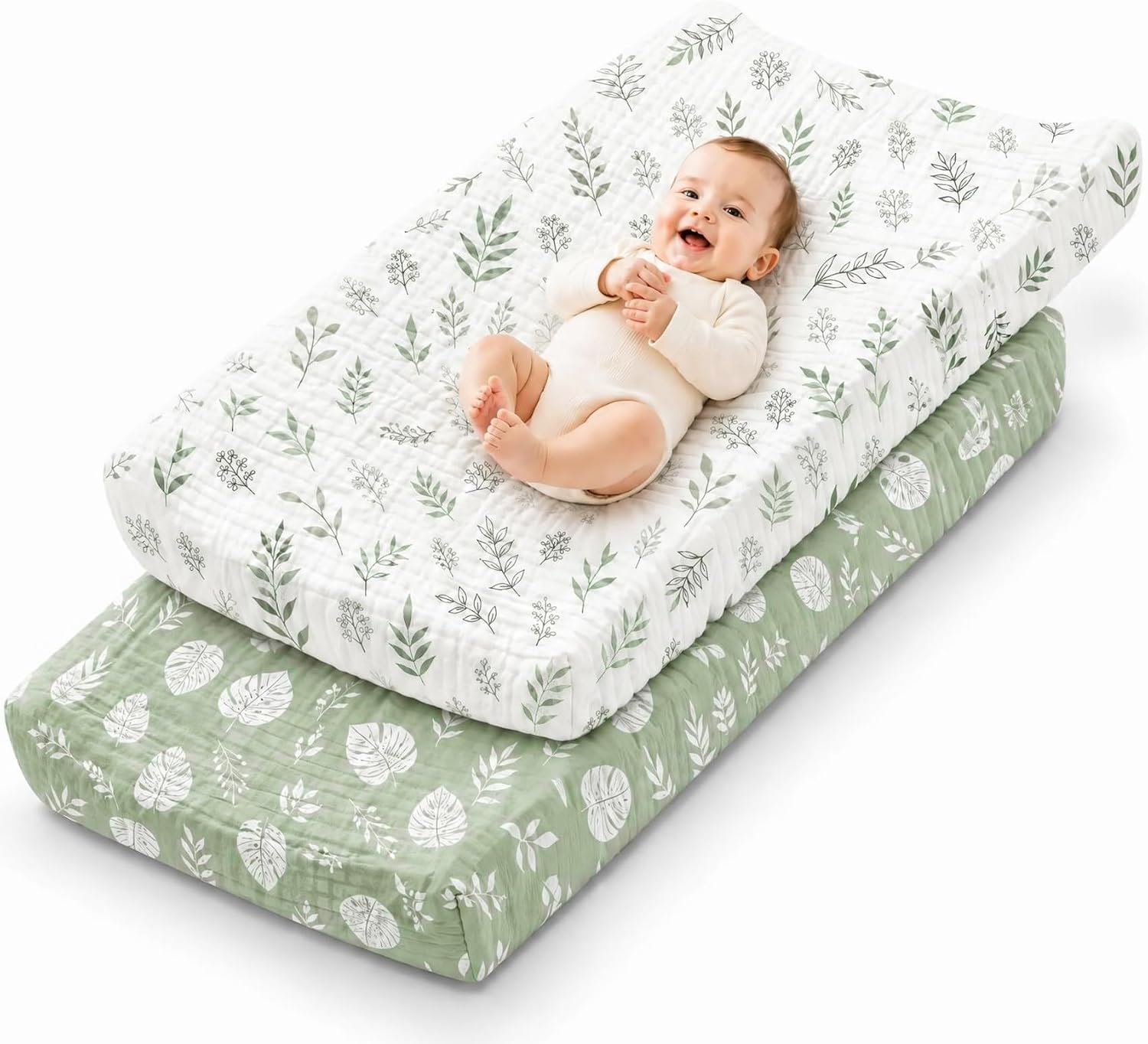 2 Pack Baby Muslin Crib Sheets for Boys Girls 52″ x 28″ (Green Leaf)
