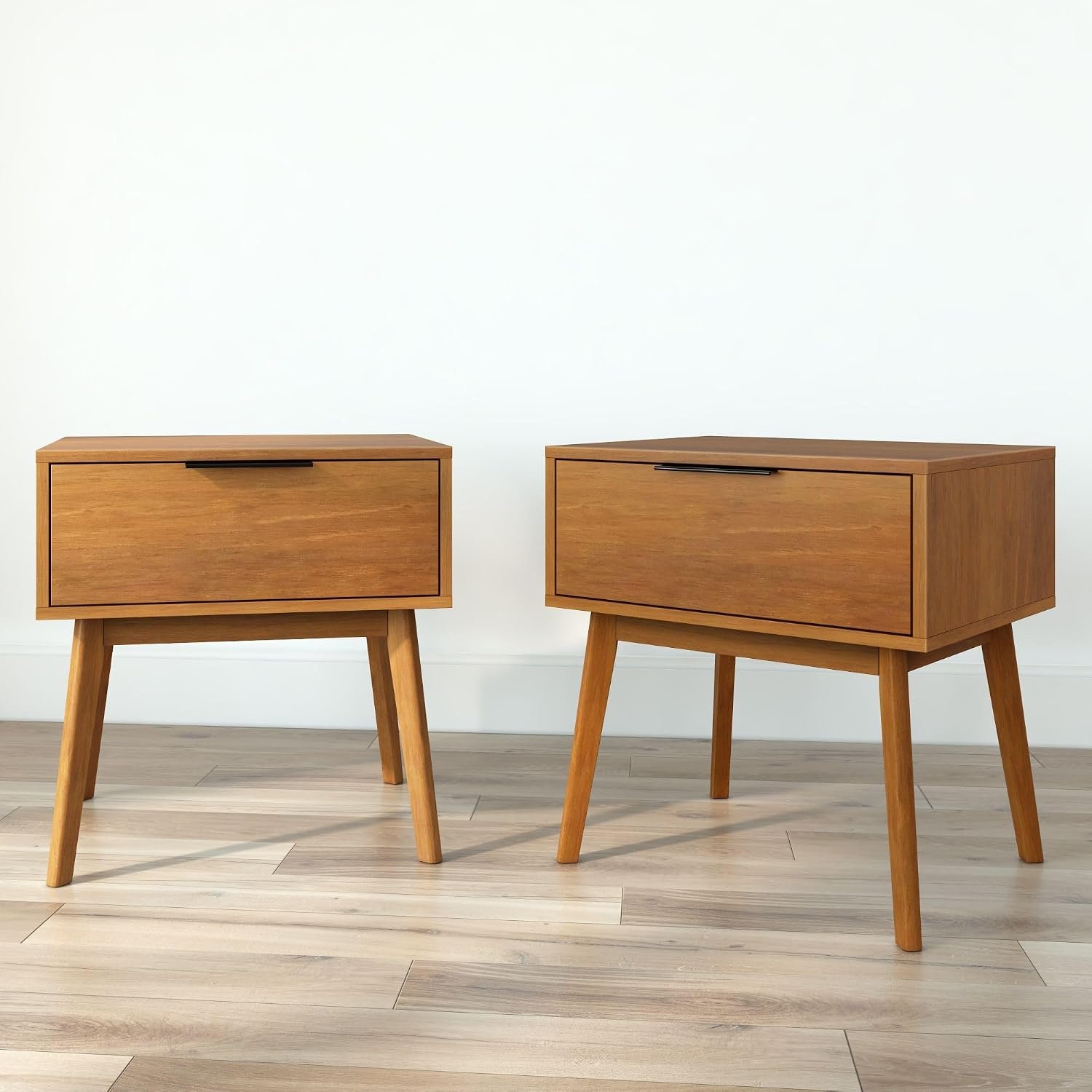 Plank+Beam Haven Solid Pine Nightstand Set of 2, 1 Drawer Each, Low-VOC Finish, Modern Bedroom Side Tables with Black Handle, Anti-Tip Kit Included, Pecan