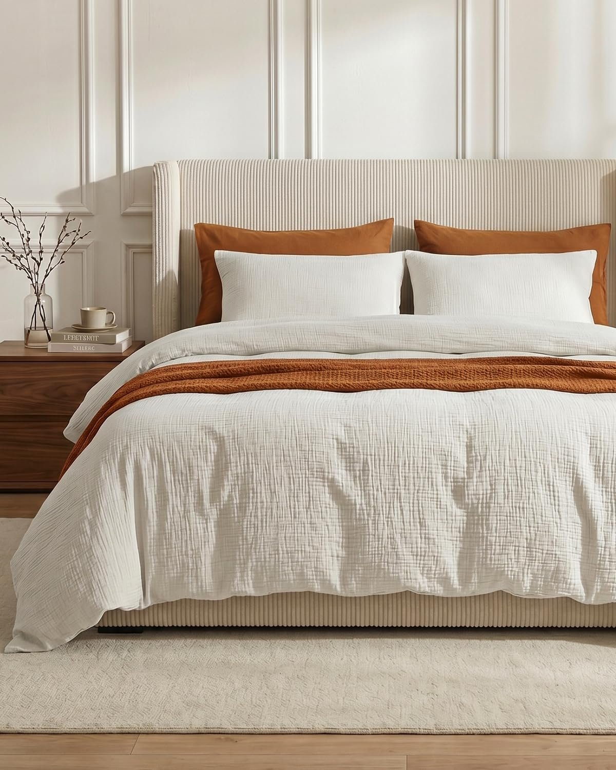 SE SOFTEXLY Muslin Duvet Cover Queen Size, 100% Washed Cotton Duvet Cover Set, Ultra Soft Comforter Cover Linen Like, 3 Pieces Minimalist Gauze Duvet Cover with 2 Pillowcases, 90″x90″, White