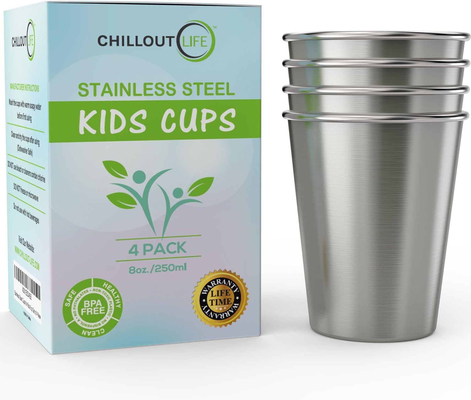 CHILLOUT LIFE Stainless Steel Kids Cups 8 oz – Stainless Steel Small Children Cups for Home & Outdoor Activities, BPA Free Unbreakable Premium Stackable Metal Drinking Glasses (4-Pack)