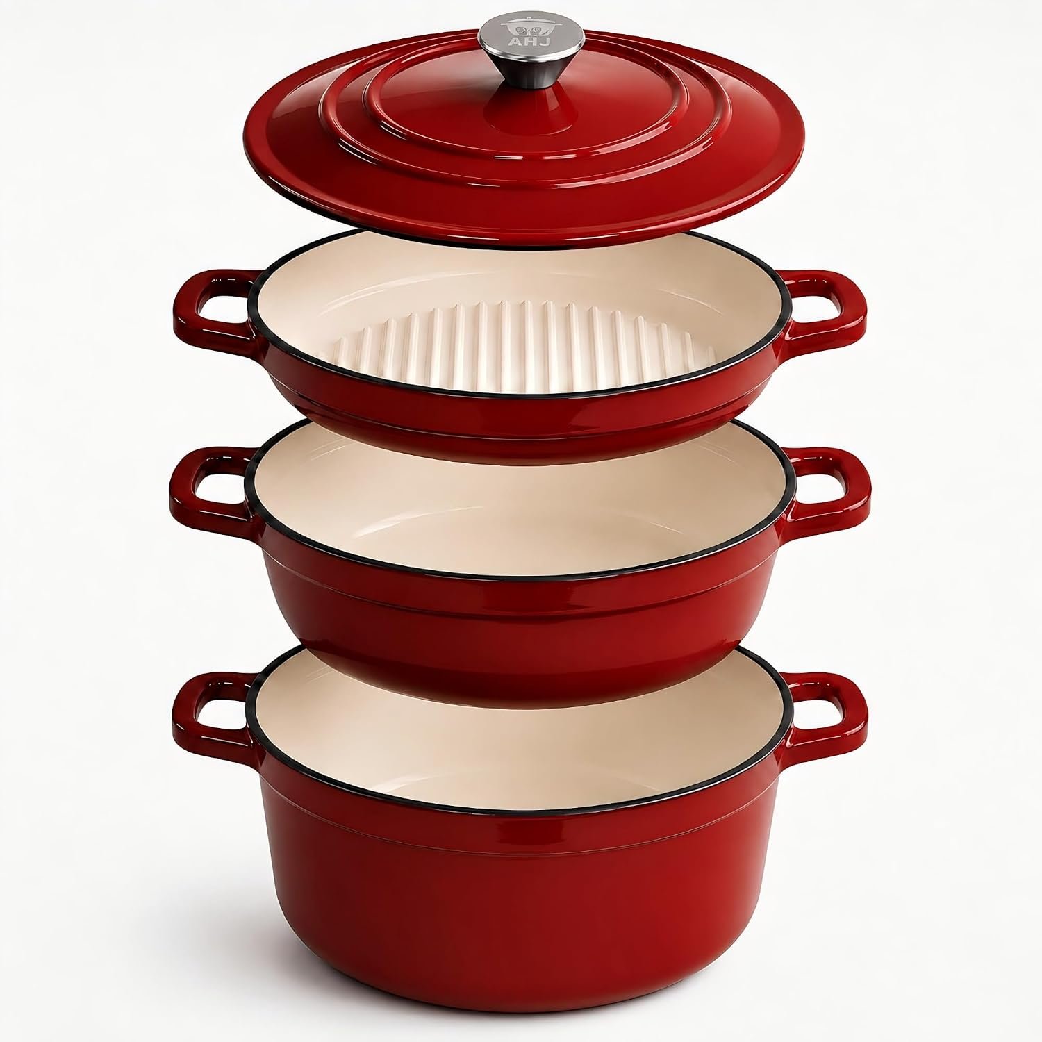 Enameled Cast Iron Dutch Oven Set – 4-Piece 1.3/2.6/4.8Qt Pot with Lids