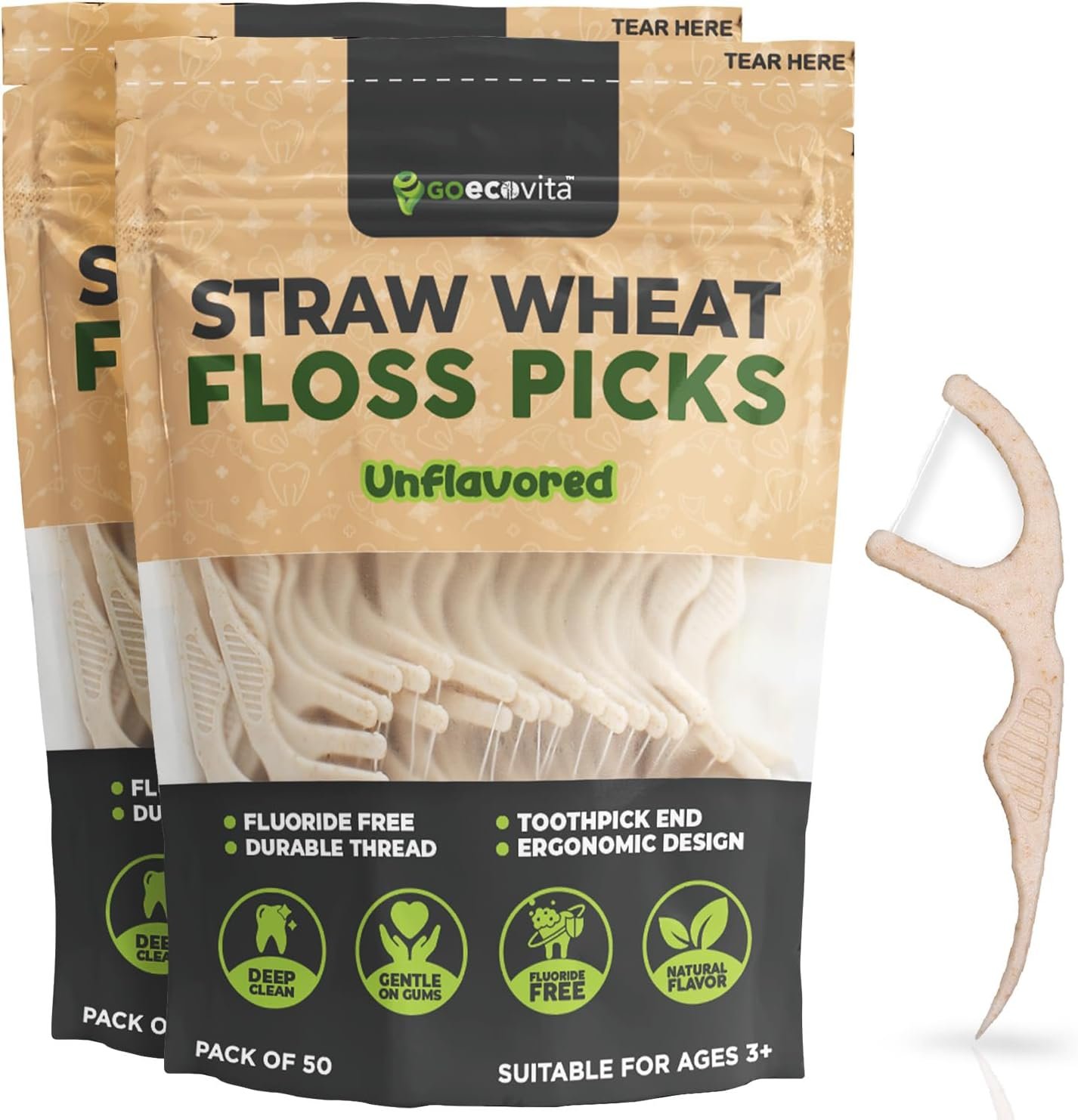 Dental Floss Picks – Straw Wheat Flossers | Thin & Shred-Resistant Thread for Tight Gaps | Flossers for Adults | Gentle on Gums & Teeth | Gluten-Free & Vegan (100 Pack, Unflavored)