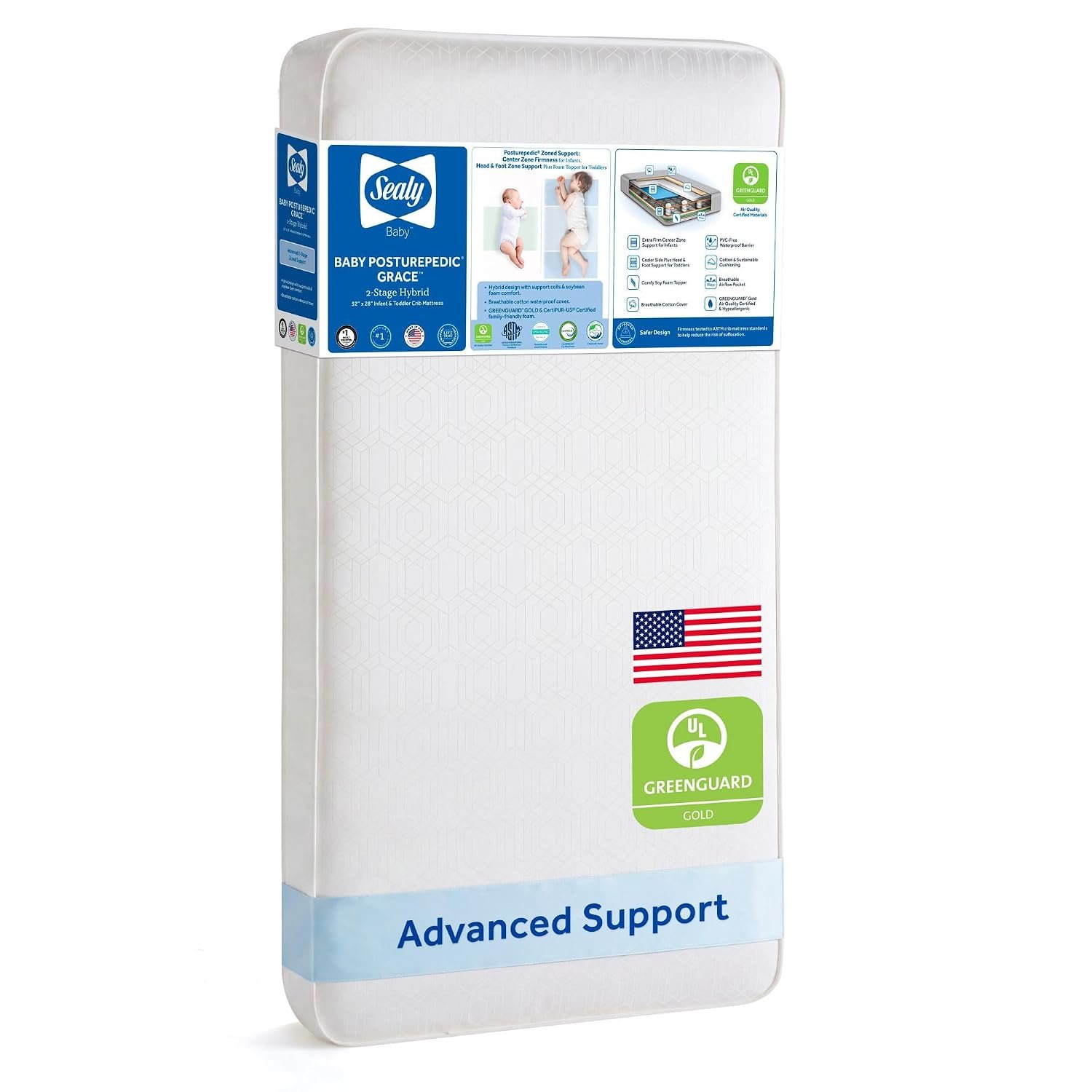 Sealy Baby 2 Stage Infant Crib Mattress Plus Toddler Bed Fit, Breathable, Resistant to Stain Cover, Dual Firmness & Lightweight, Posturepedic Grace