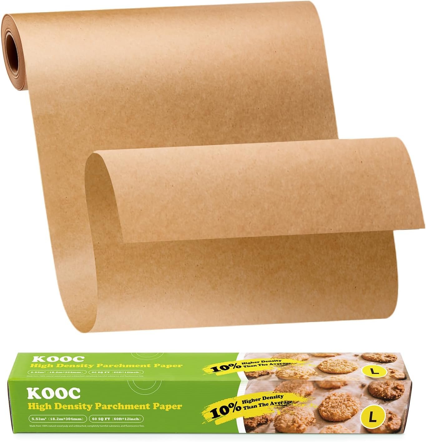 KOOC Premium 60-Feet Parchment Paper Roll – 12-Inch Width, Non-Stick, Unbleached Baking Paper – Ideal for Baking, Cooking, and Food Preparation – 60 Square Feet Coverage – Compostable, High Density