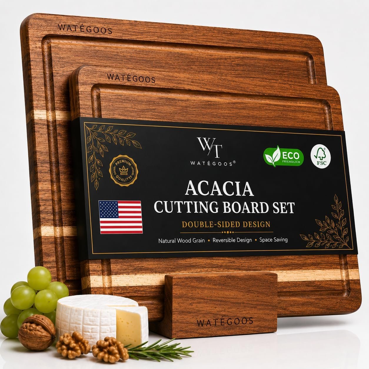 Acacia Wood Cutting Boards for Kitchen, Non-Toxic Cutting Board Set of 2, Chopping Boards with Deep Juice Groove for Meat, Cheese & Vegetables – Eco-Friendly & Medium & Small Sizes