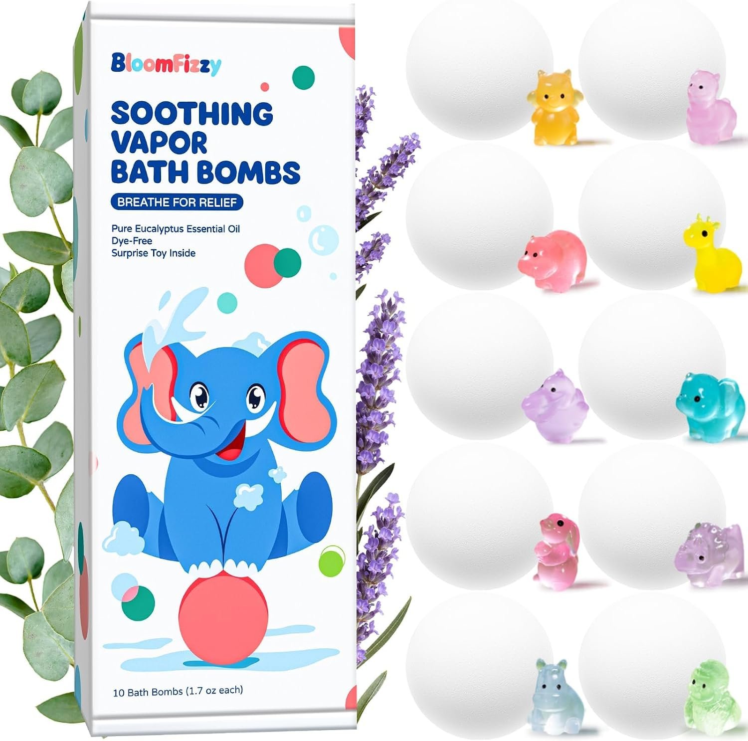 Soothing Vapor Bath Bombs for Kids with Surprise Inside, Dye-Free, 10 Pack