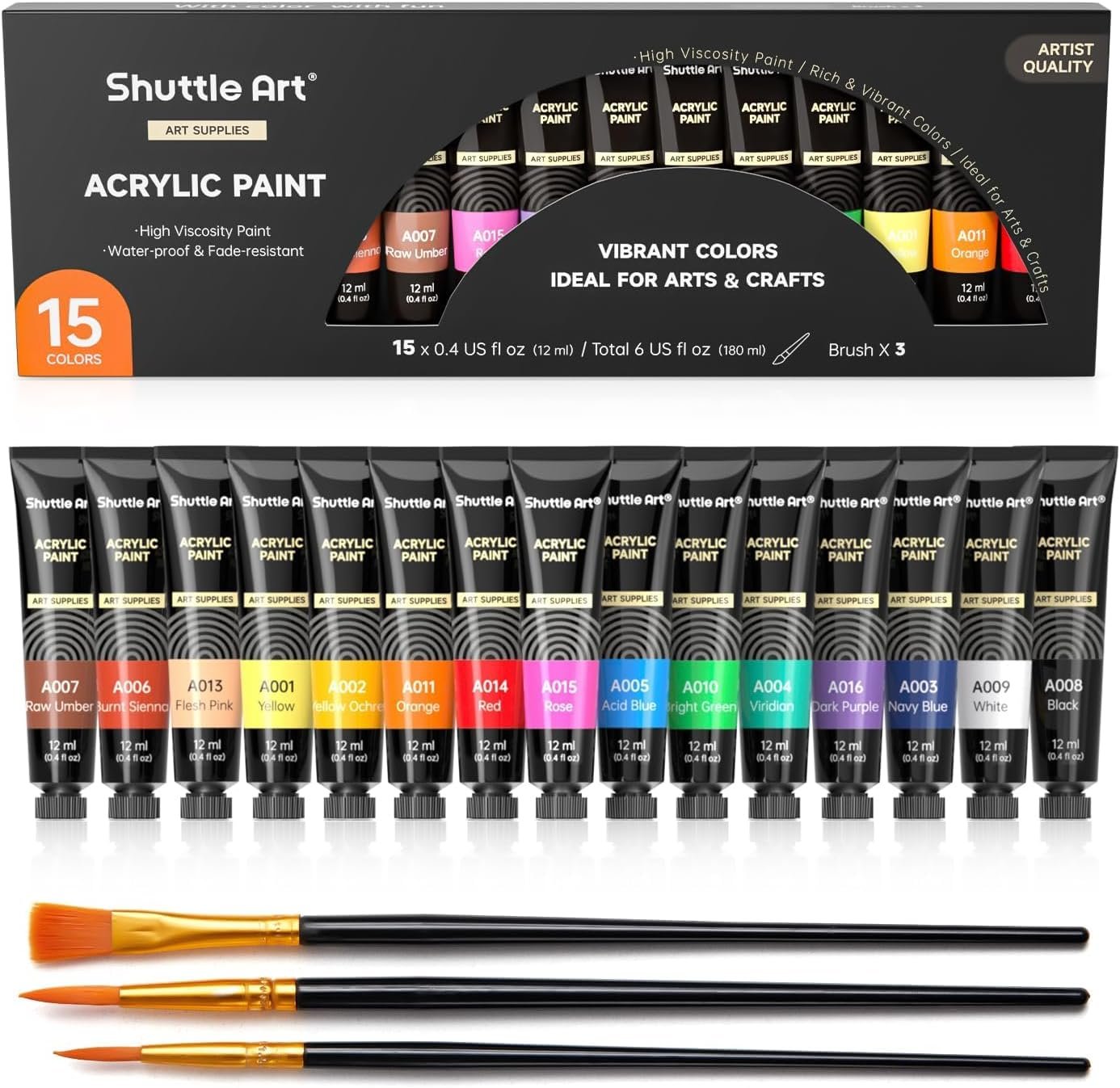 Shuttle Art Acrylic Paint Set, 15 x 12ml Tubes Artist Quality Non Toxic Rich Pigments Colors Perfect for Kids Adults Beginners Artists Painting on Canvas Wood Clay Fabric Ceramic Crafts