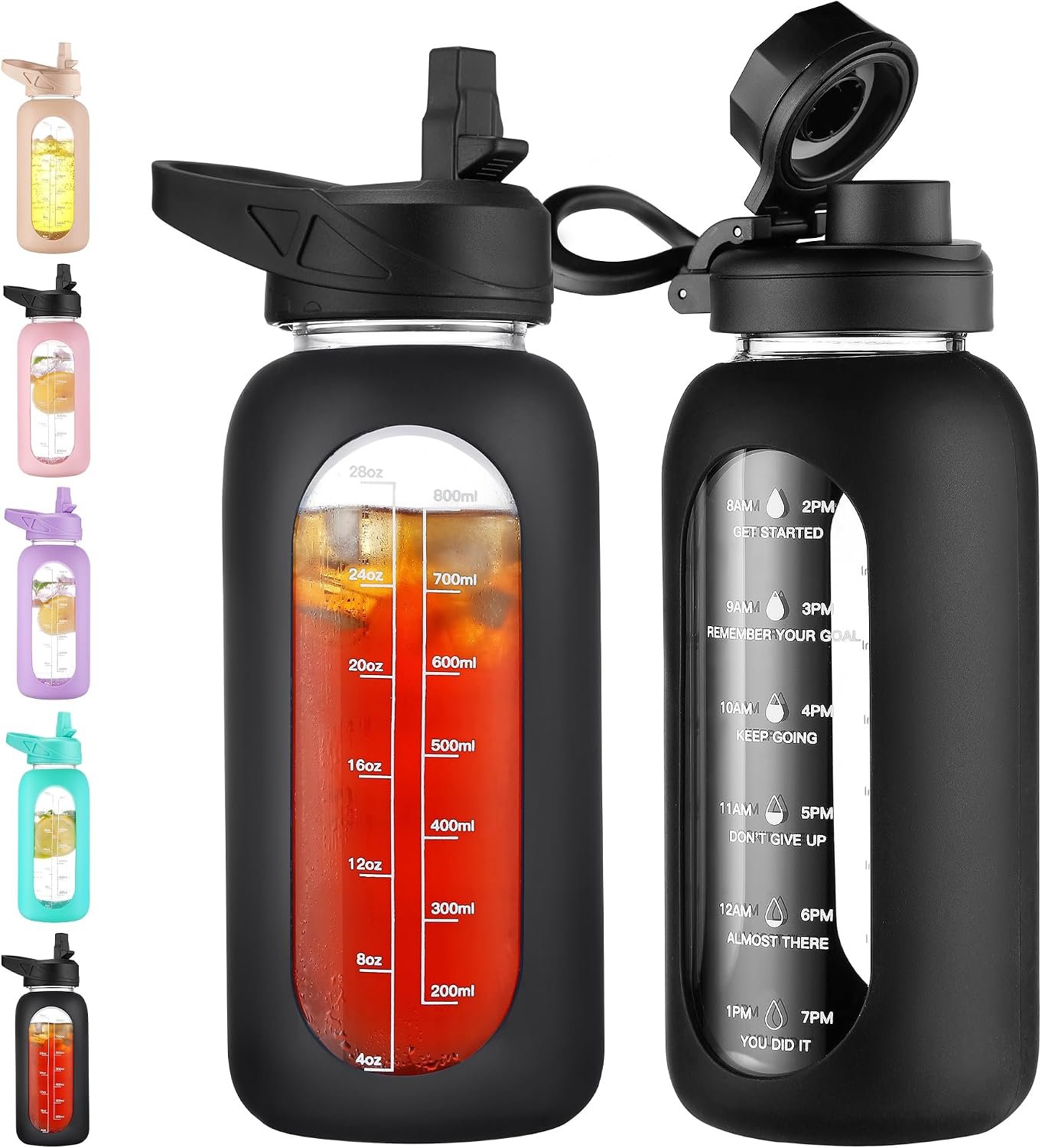 CIVAGO 32 oz Glass Water Bottle with Straw, Large Motivational Water Jug