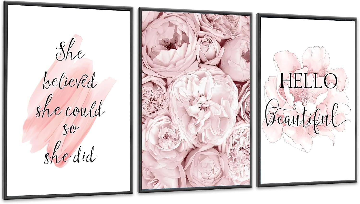 KLPOARTQ Set of 3 Motivational Quotes Wall Art Frame Print for Woman’s Room Decoration Peony Flower Poster Canvas Pictures Fashion Home Decor, 12 X 16 inch