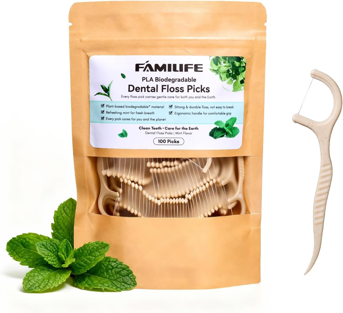 FAMILIFE Floss Picks, 100 Count Mint Plant Based Dental Floss Eco-Friendly