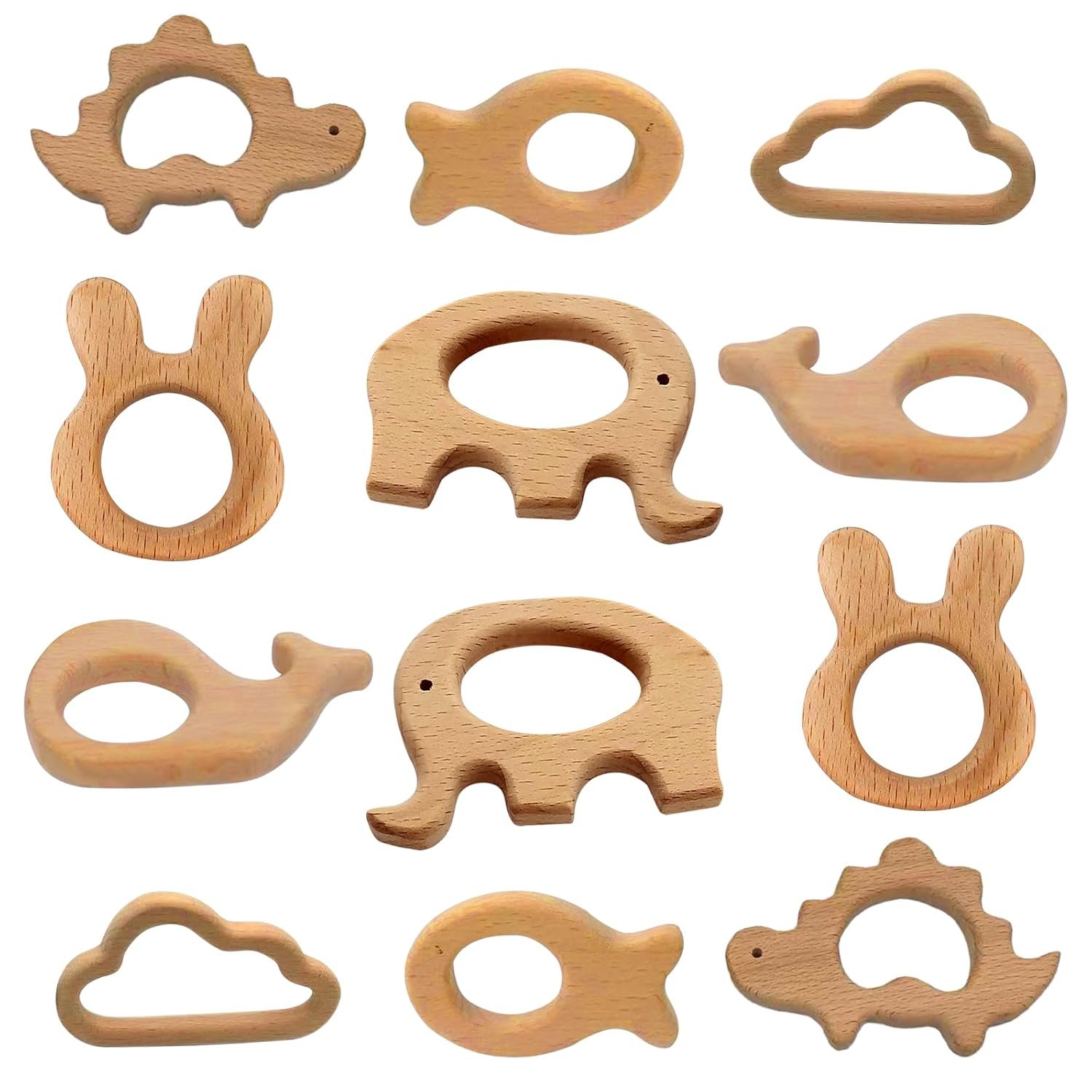 12-Pcs Baby Teether Toys,Wooden Teethers for Babies – Wooden Animal Toys, Teething Rings, Toddler Chew Toys，Baby Teething Rings and Wooden Teether Set-Suitable for Children Over 36 Months