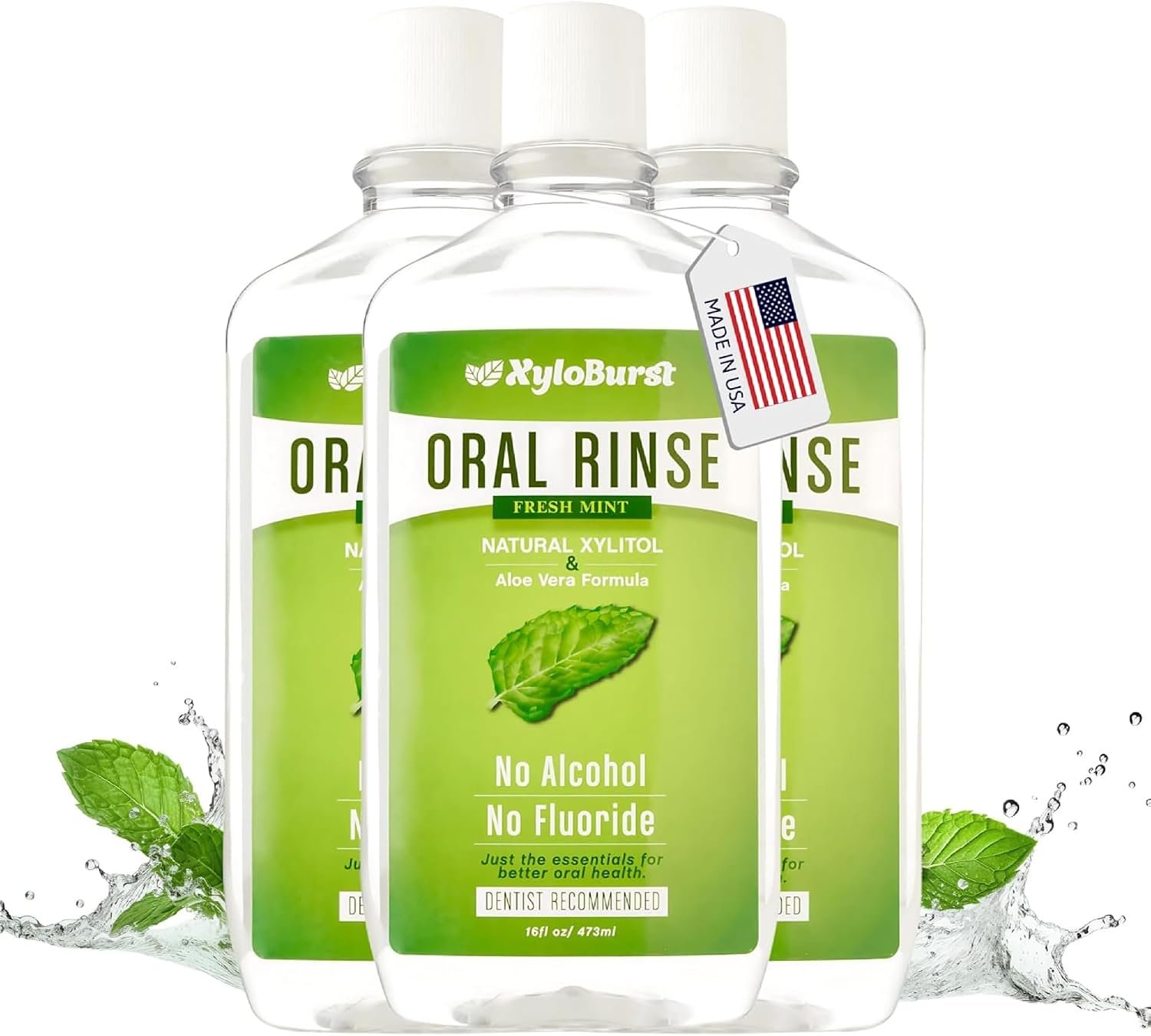Xyloburst Xylitol Mouthwash, Natural Oral Rinse – Alcohol Free & Fluoride Free Mouth Wash, Non Toxic Xylitol Rinse for Fresh Breath, Fresh Mint Flavor, SLS Free, Sugar Free, 3-Pack