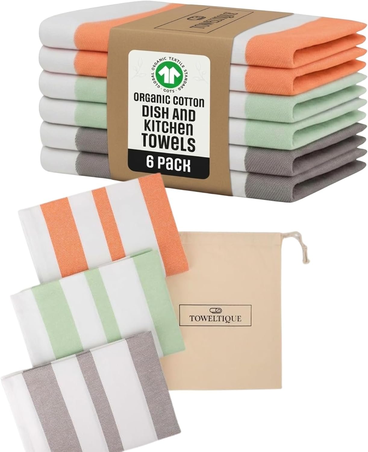 GOTS Organic Cotton Kitchen Towels, Striped, Oversized Set of 6, 20 x 30 in
