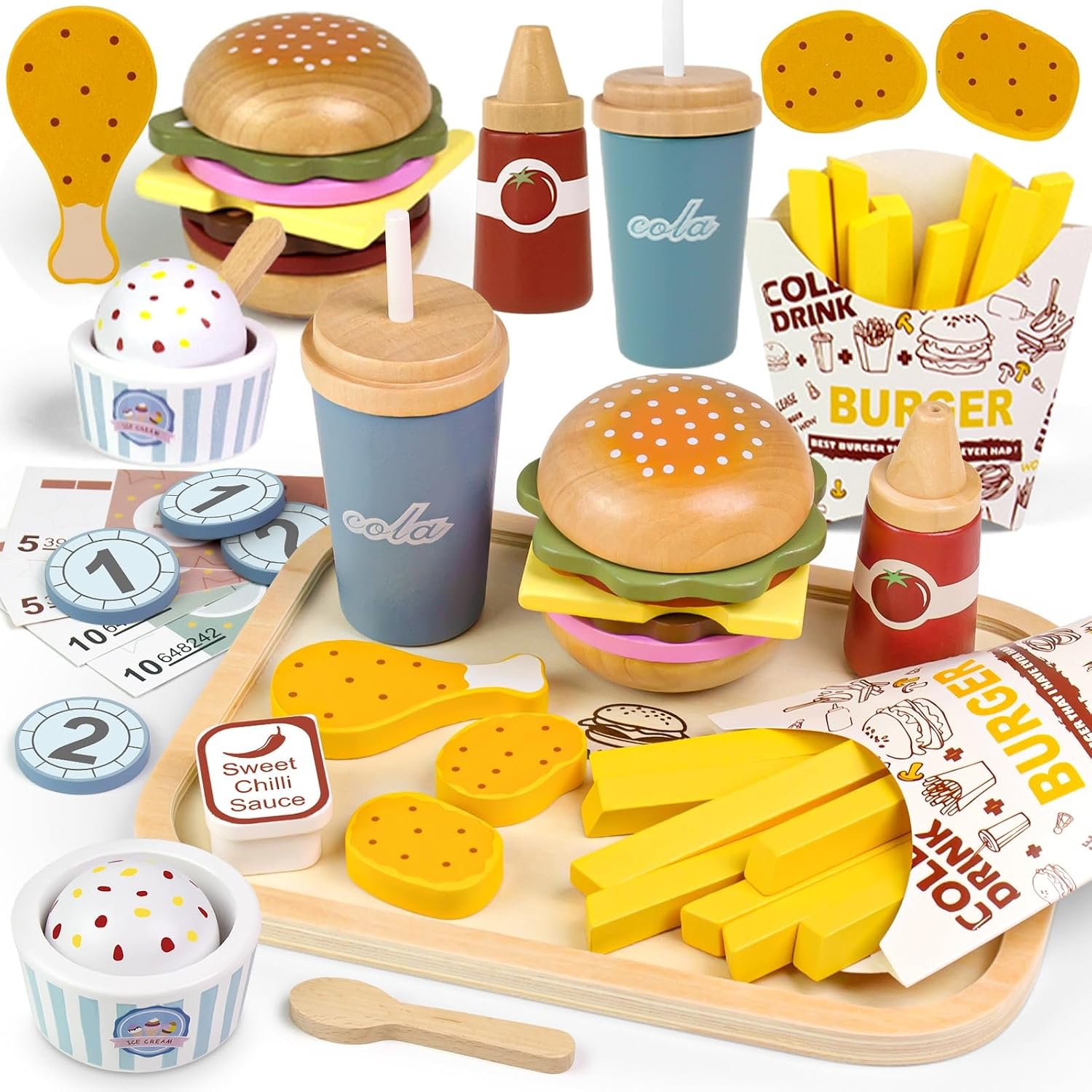 Wooden Play Food Toy Pretend Playset 3-5 Year Old Girls Boys