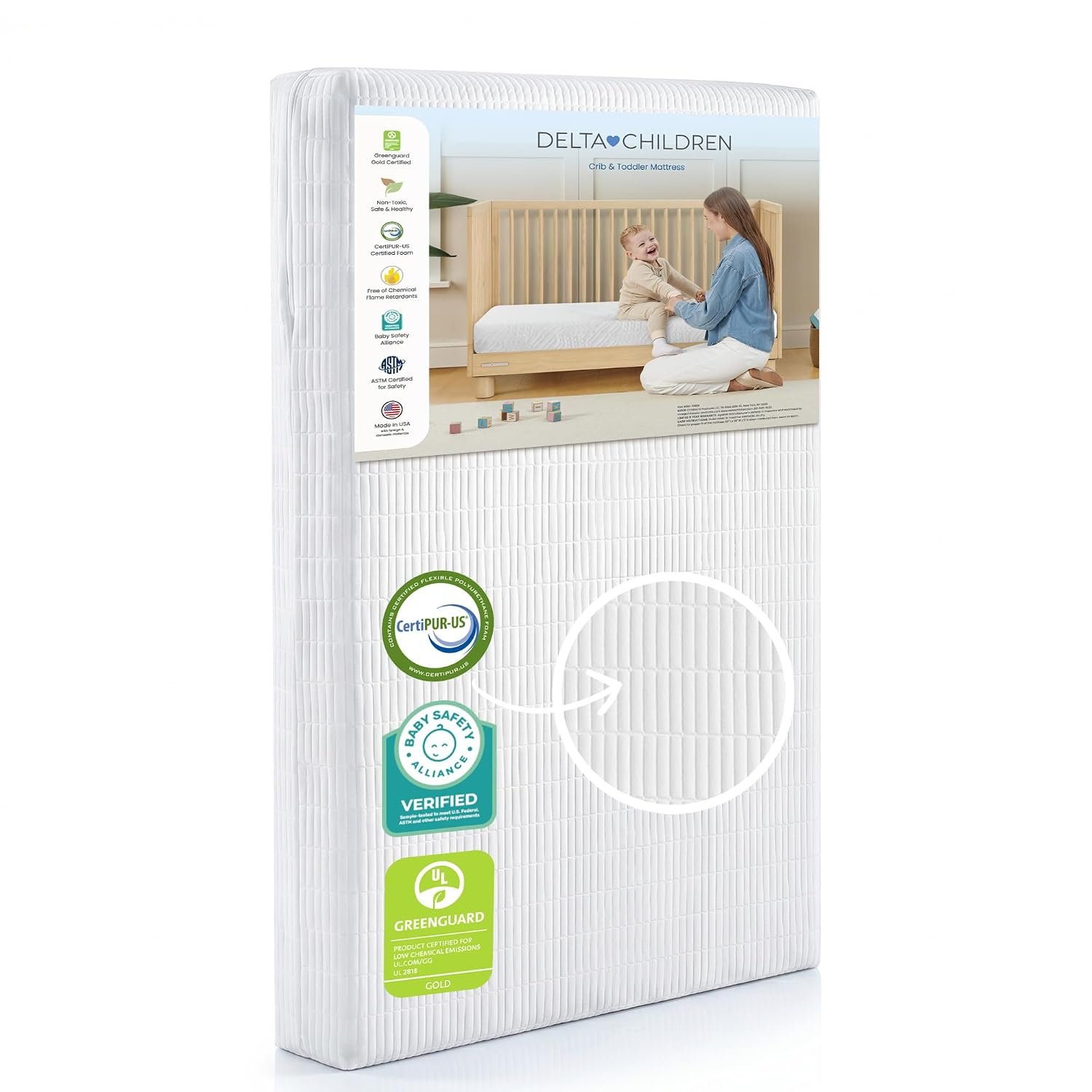 Delta Children Sweet Beginnings Dual Sided Baby Crib Mattress and Toddler Mattress, GREENGUARD Gold and CertiPUR-US Certified, Firm Plant-Based Foam, Waterproof, 5 Year Warranty, Made in USA, White