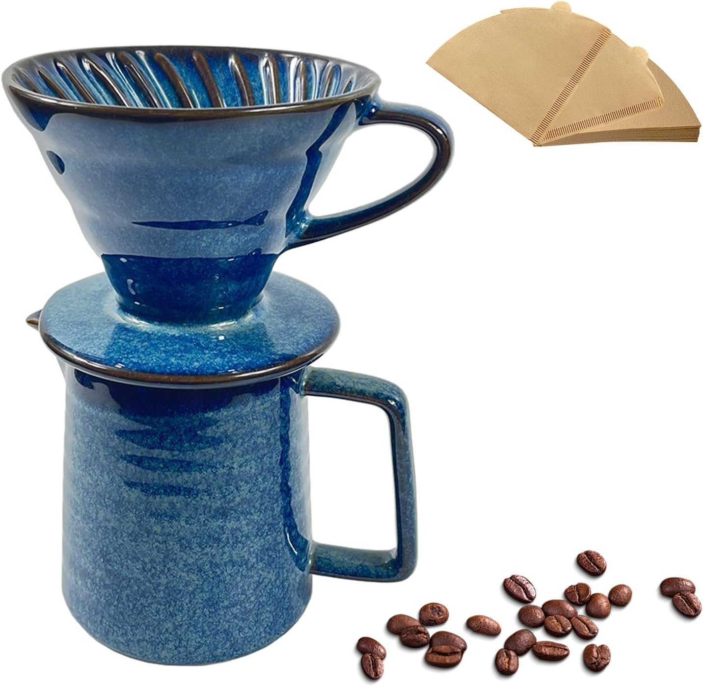Ceramic Pour Over Coffee Maker Set, Starry Blue Coffee Dripper Cone with 40 Filters, 14 Ounces/400ml Pot