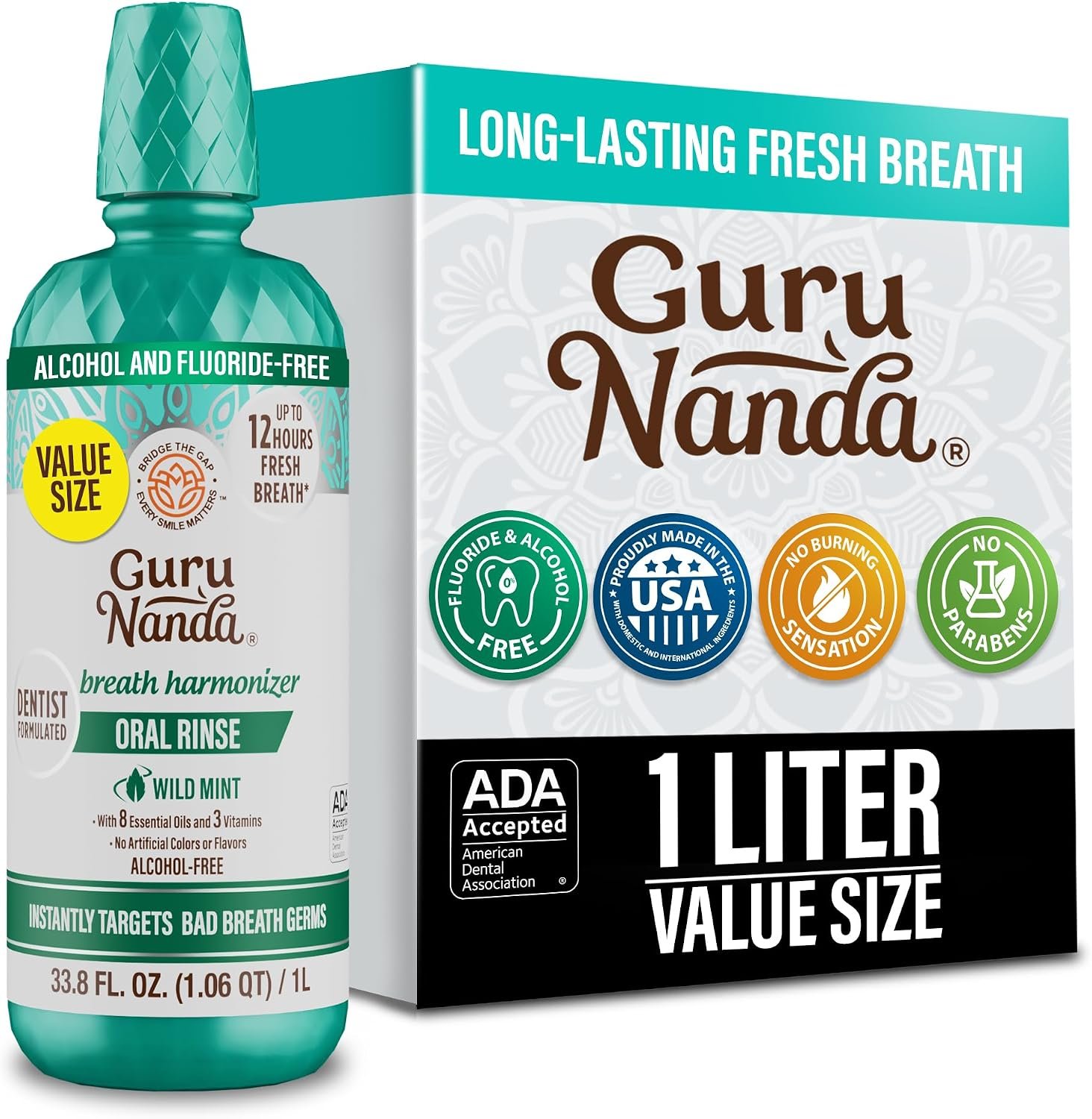 GuruNanda Fresh Breath Mouthwash – 12-Hour Fresh Breath & Helps Fight Bad Breath – ADA Accepted, Alcohol & Fluoride-Free Oral Rinse – Wild Mint, 33.8 oz/1 Liter