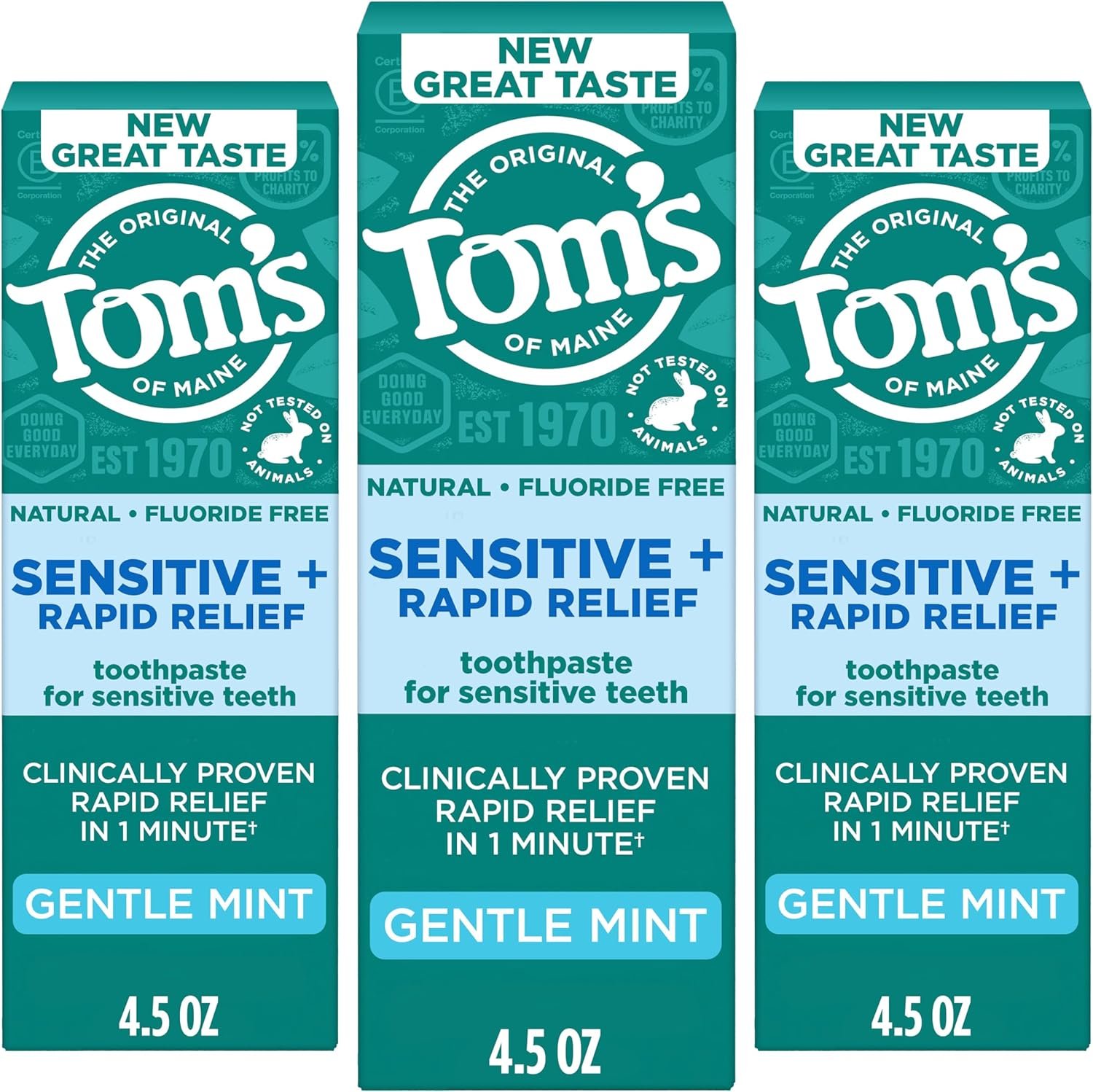 Tom’s of Maine Rapid Relief and Sensitive Toothpaste, Mint, 3 Pack, 4.5 oz