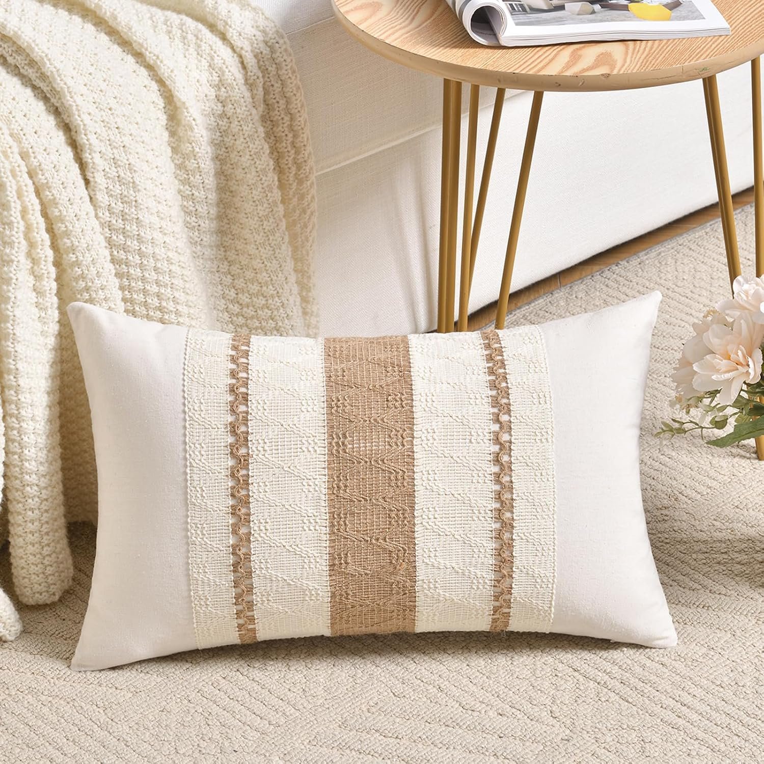 Fancy Homi Set of 1 Boho Neutral Lumbar Decorative Throw Pillow Cover 12×20 Inch for Couch Bed Sofa Chair, Modern Organic Farmhouse Home Decor, Soft Cotton Cute Accent Tan Rectangle Cushion Case
