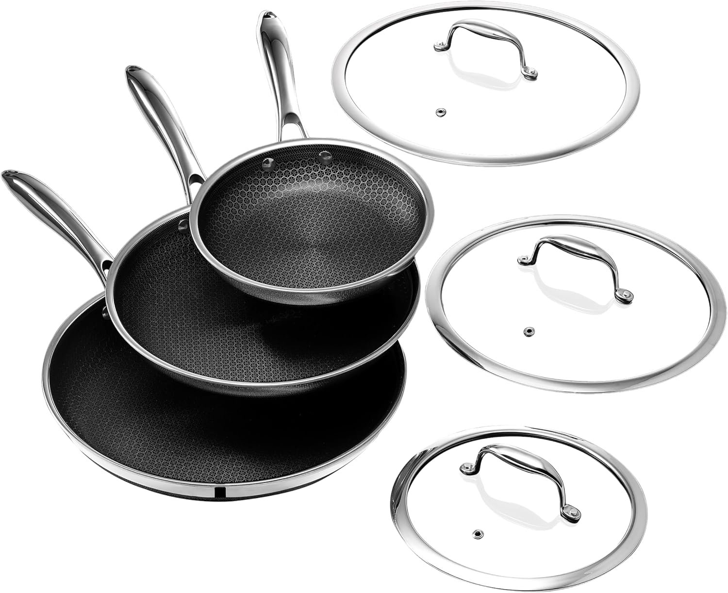 HexClad 6pc Hybrid Nonstick Frying Pans Set with Lids, 8, 10 & 12″ Pans