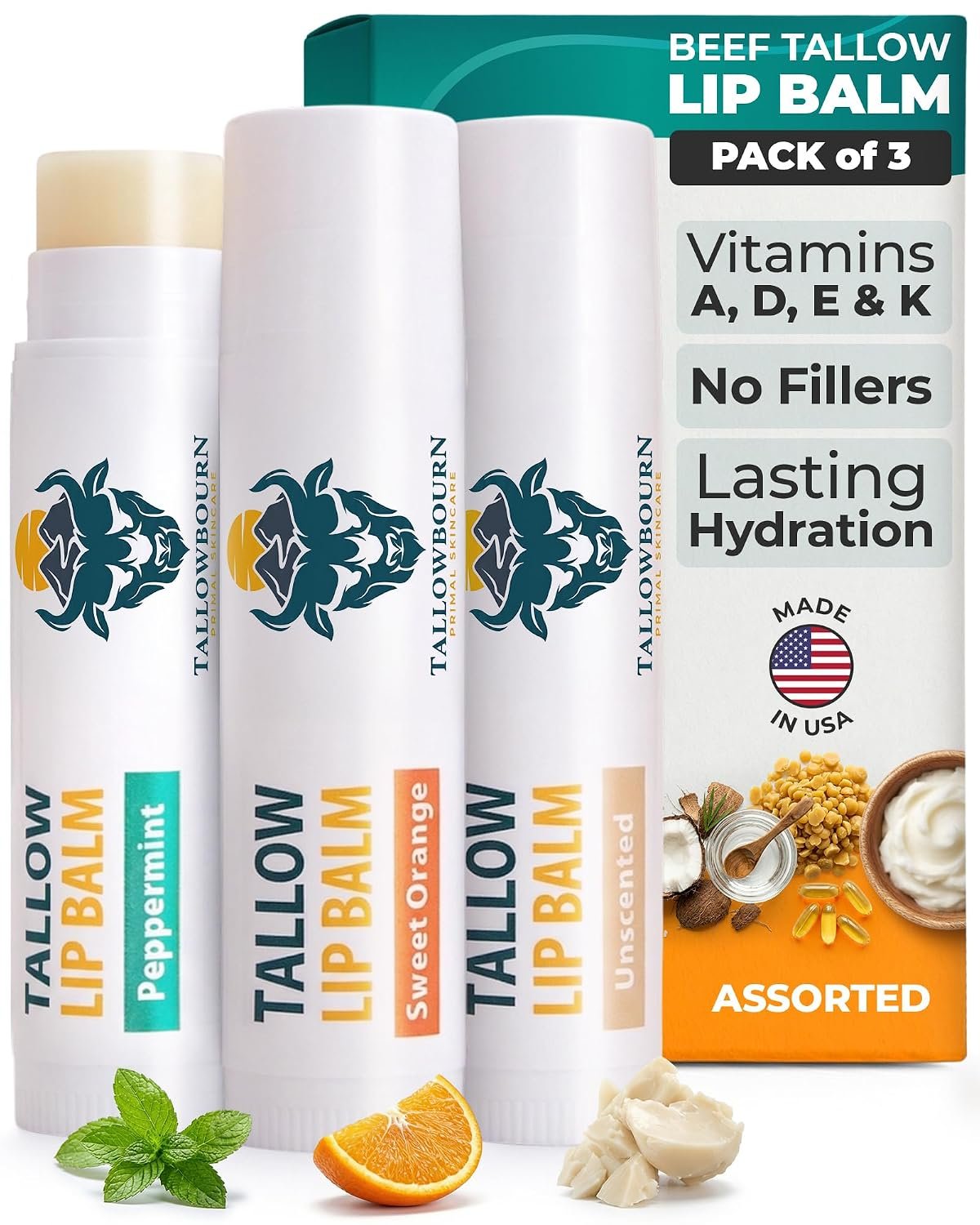 Moisturizing Grass-Fed Beef Tallow Lip Balm 3pk – Assorted
