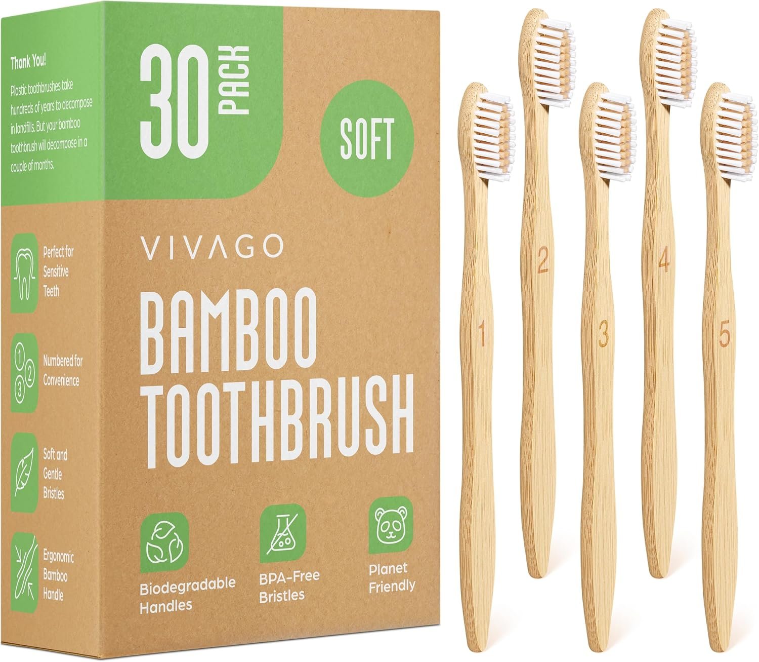 VIVAGO Bamboo Toothbrushes 30 Pack – Soft Bristles Toothbrushes for Adults