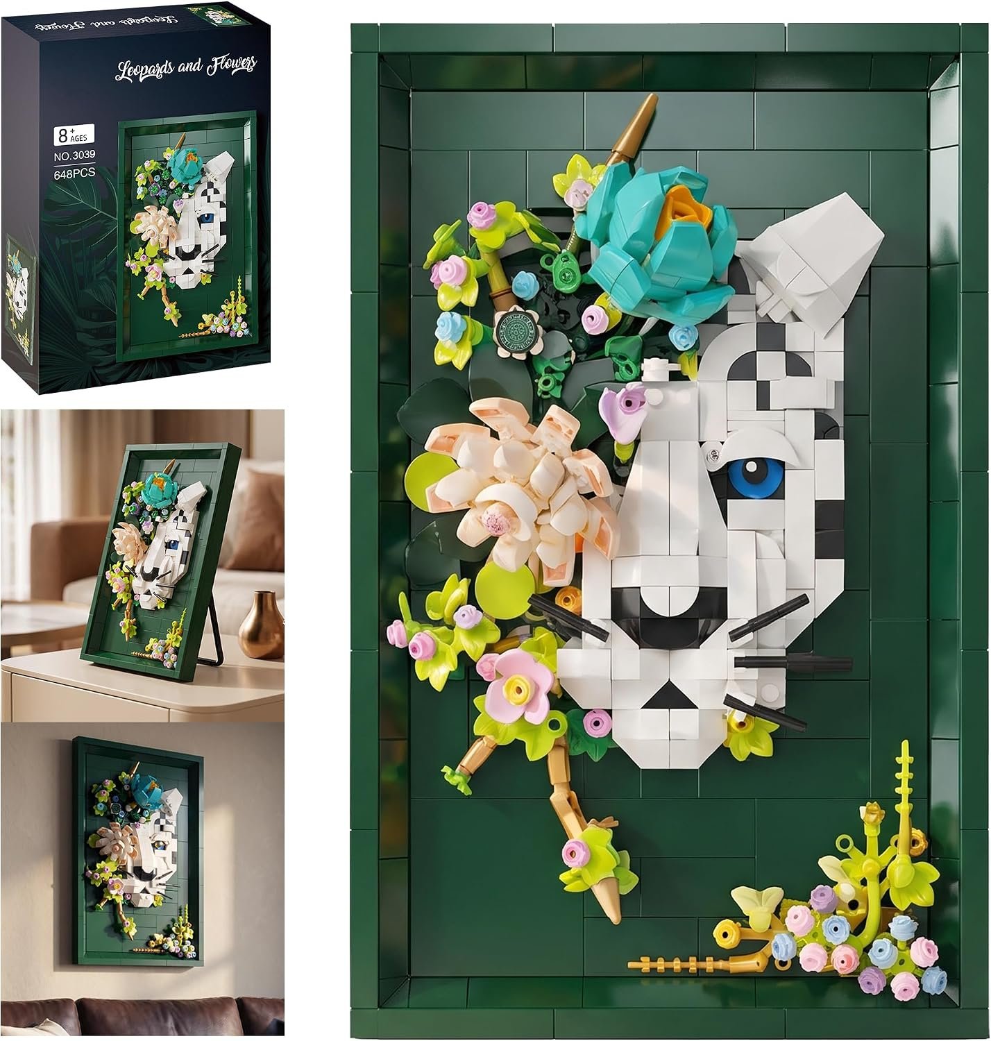 Habow Snow Leopard & Flowers Building Set, 648 PCS Framed Art Kit with Display Stand & Wall Hook, Stress Relief DIY Craft, Unique Gift for Animal Lovers, Home Office Decor (3039)