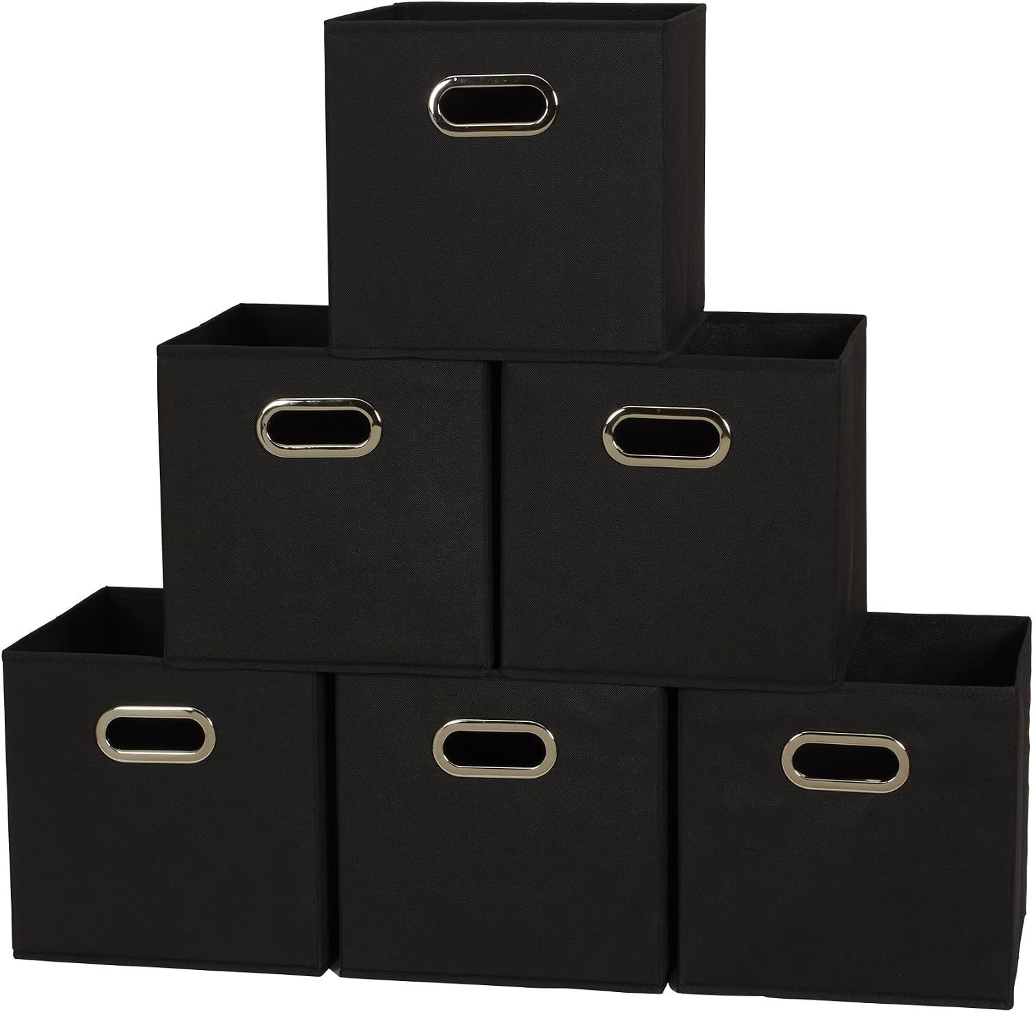 Household Essentials Foldable Fabric Storage Bins 6 Piece Set, Strong Poly-Woven Fabric, Sturdy Chipboard Sides, Grommet Front Handle, Stackable, Classic Design, Black