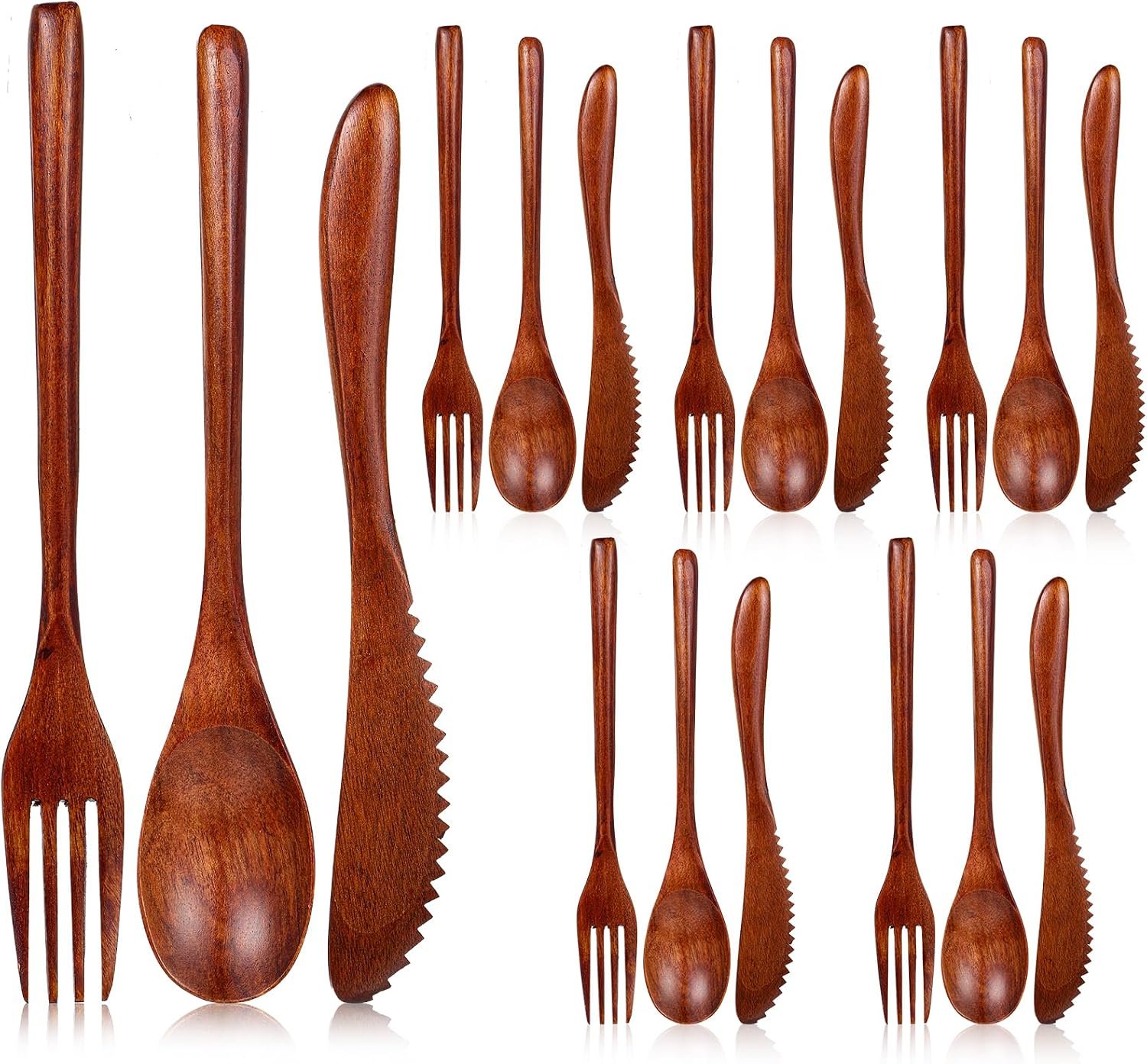 Molain Wooden Utensils for Eating – 18 Pcs Wooden Cutlery Set, Spoon Fork Knife Flatware Dinner Tableware Set, Eco-Friendly Wood Utensils for Kitchen and Travel