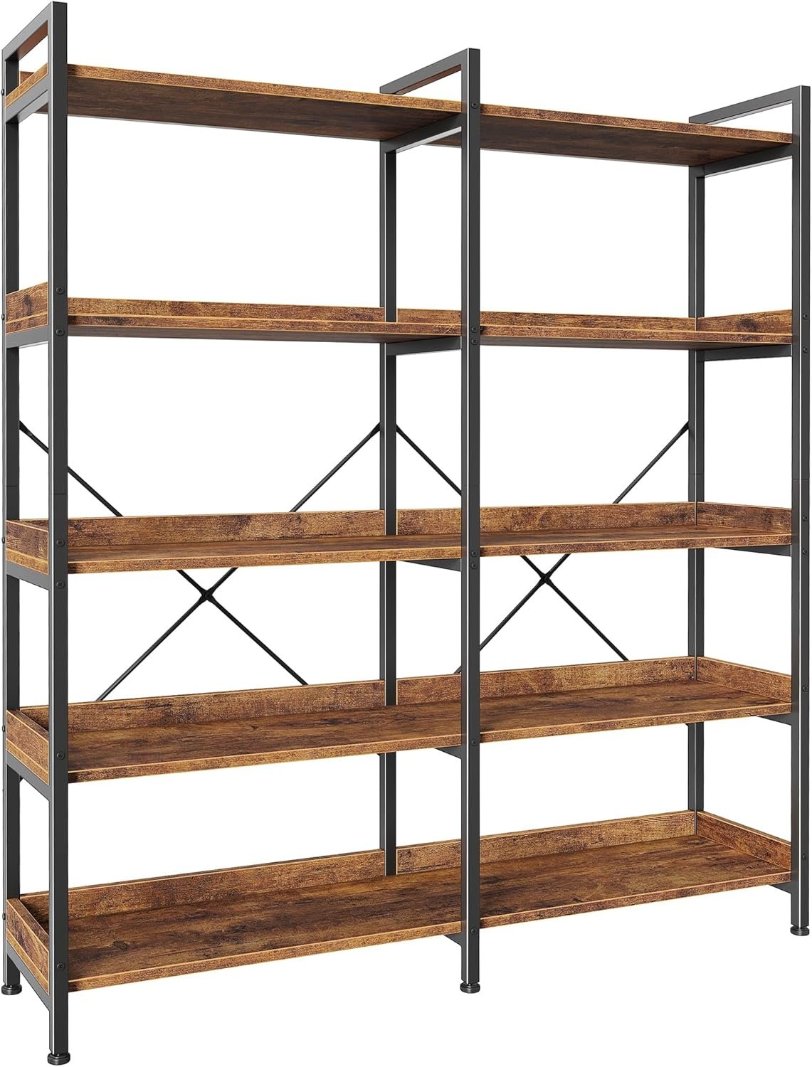 Huuger 5 Tier Bookshelf with 10 Open Shelves and Raised Baffle, Rustic Brown