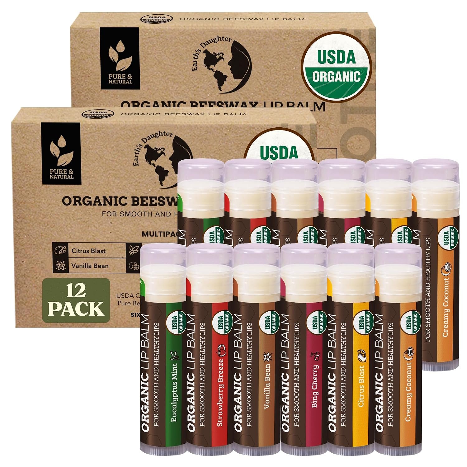 Earth’s Daughter Organic Lip Balm – Bulk Moisturizing 12-Pack, Fruit Flavor